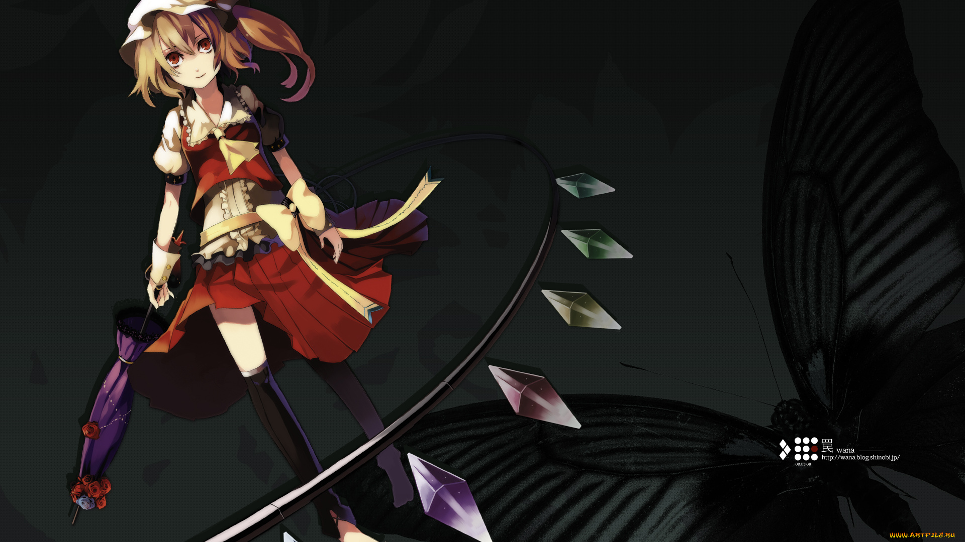 аниме, touhou, flandre, scarlet, hiiragi, ryou, riku, wana, девушка, демон, зонт, шляпа, бант, розы, цветы