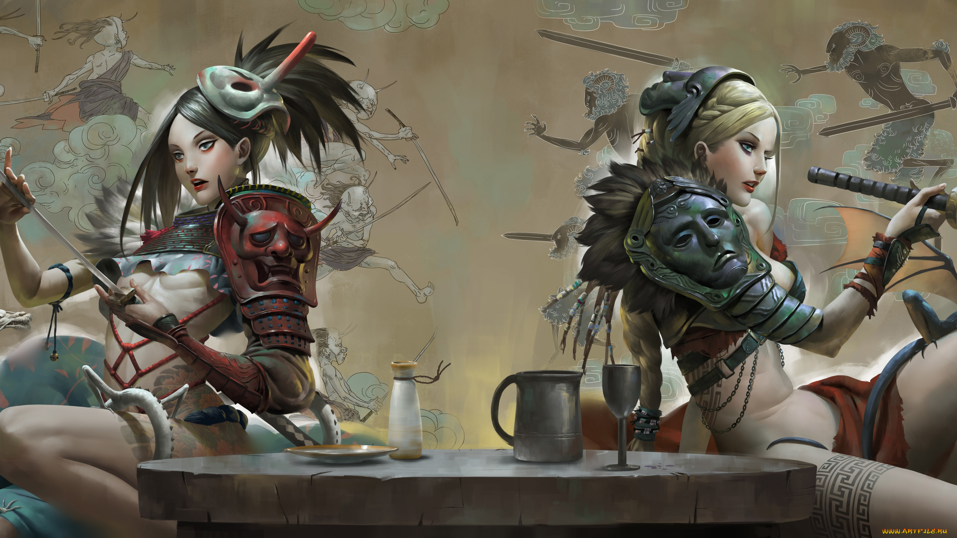 фэнтези, девушки, меч, арт, стол, катана, дракон, воины