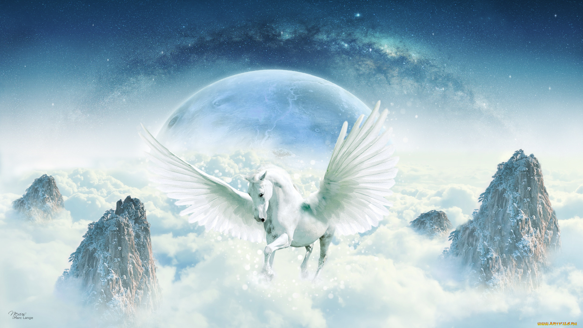 фэнтези, фотоарт, пегас, конь, лошадь, облачный, покров, взмах, крылья, планета, звёздная, россыпь, млечный, путь, космос, небосвод, горизонт, скалы