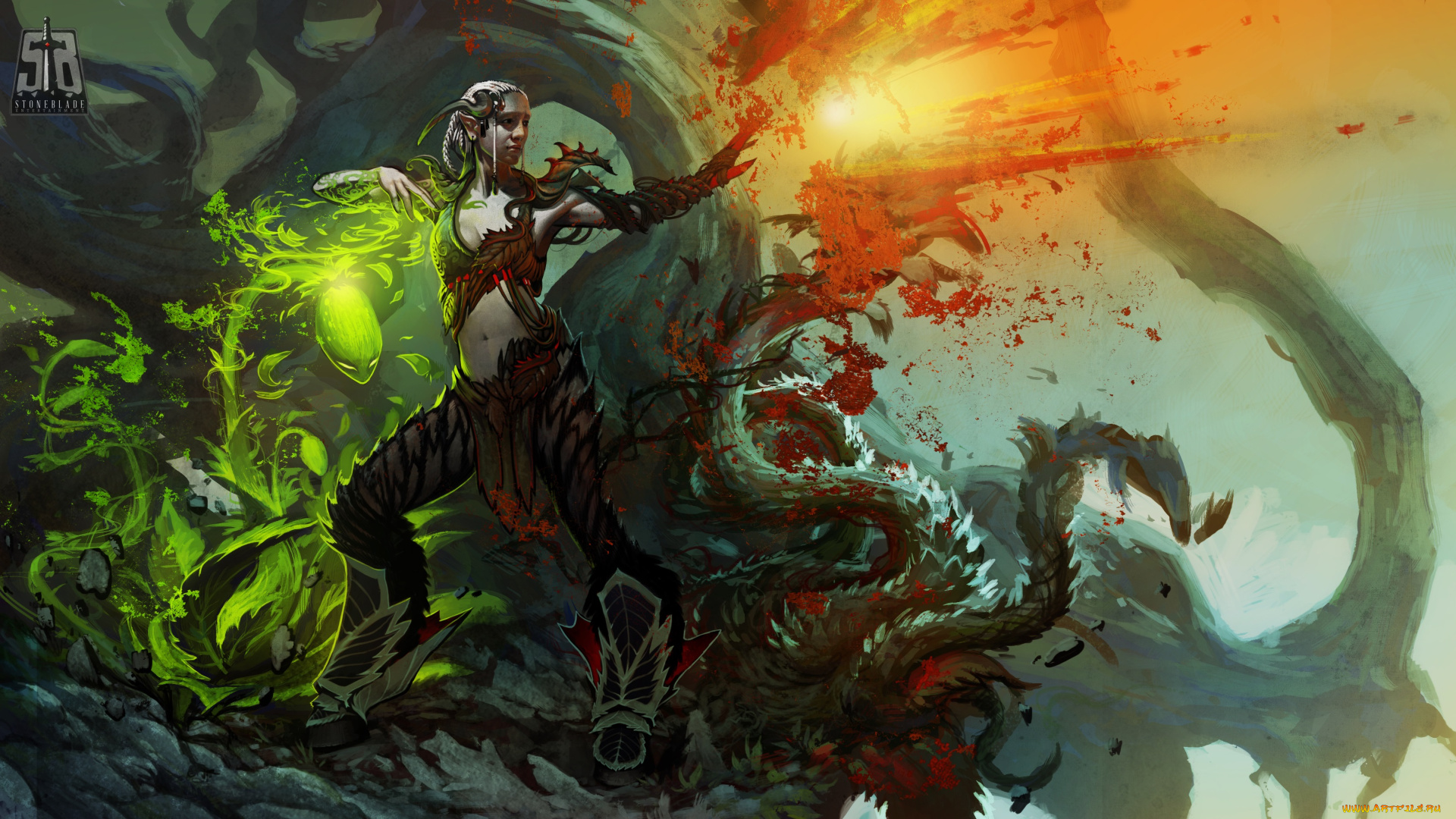 фэнтези, существа, уши, копыта, растение, огонь, магия, девушка, dryad, art, кровь