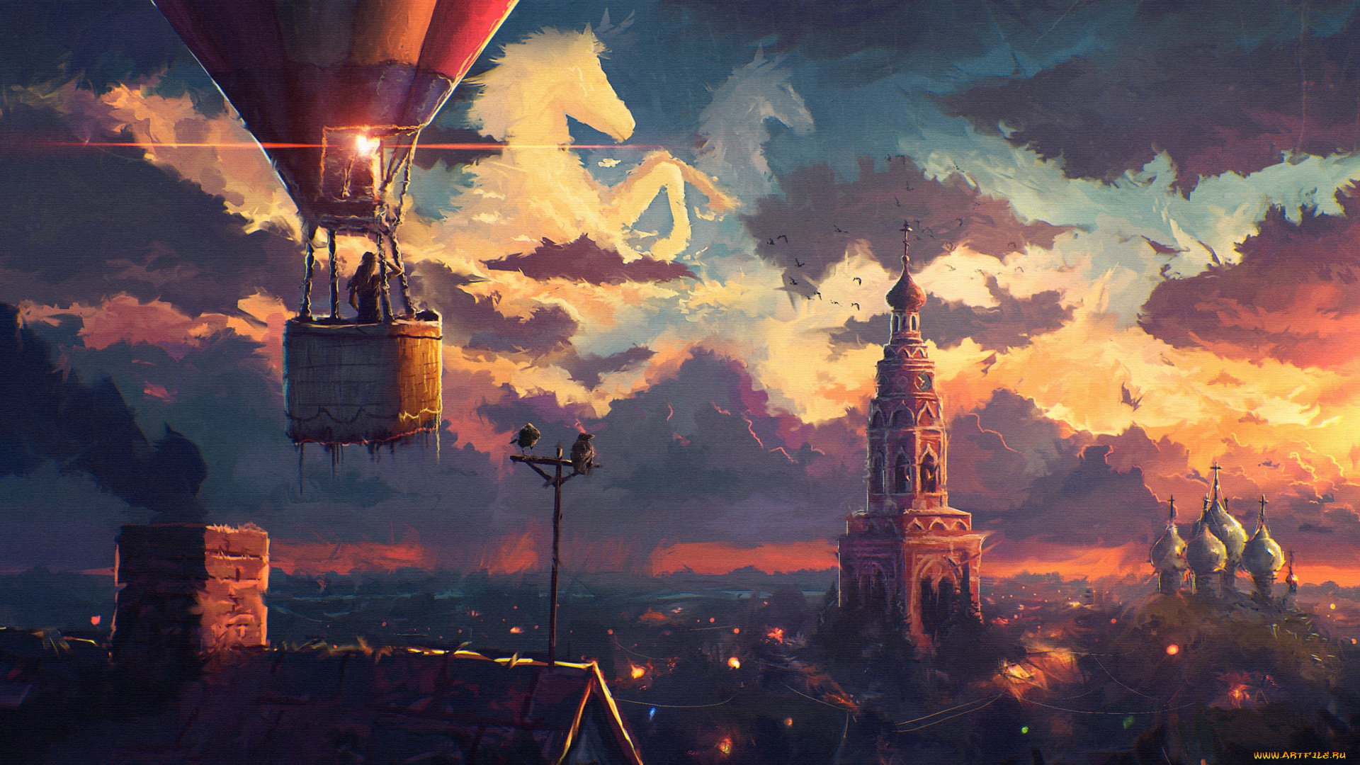 фэнтези, транспортные, средства, небо, крыша, арт, облака, воздушный, шар, купол, церковь, город