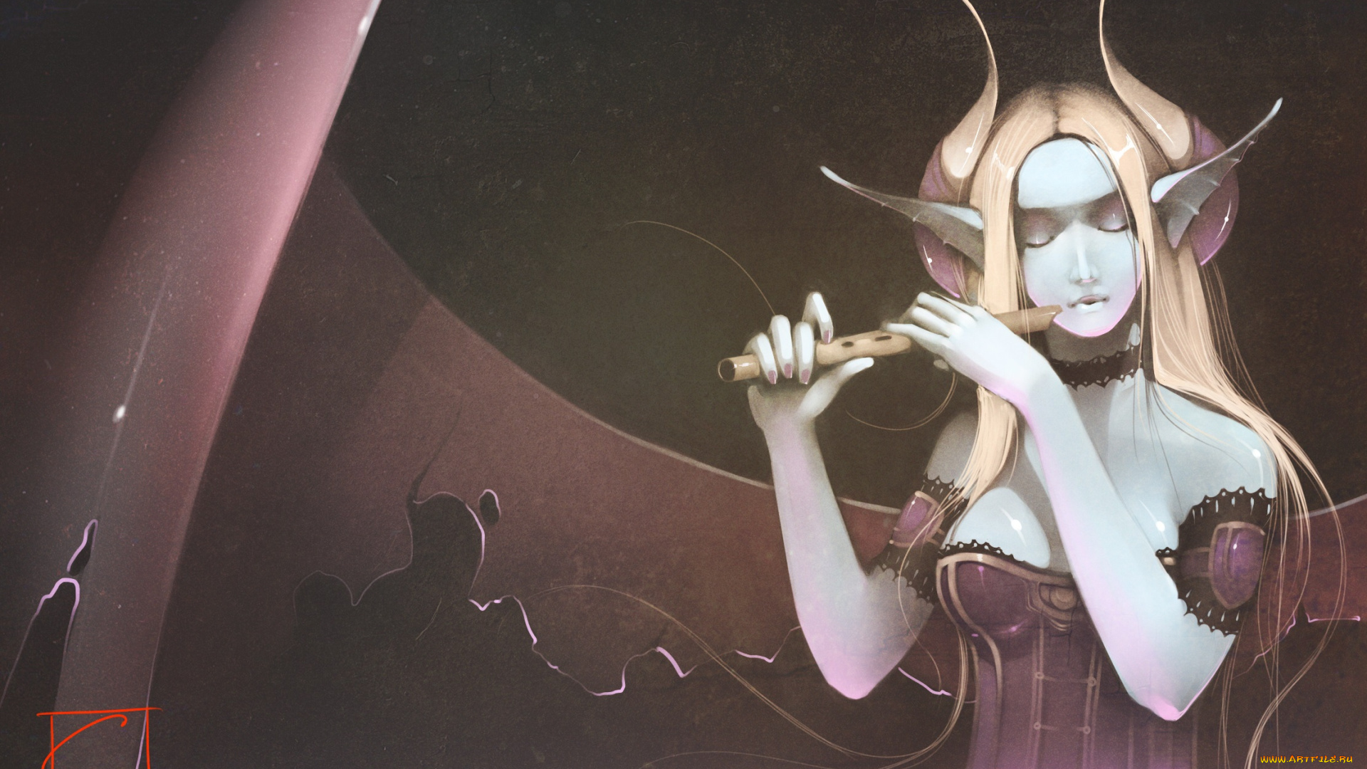 gaudibuendia, фэнтези, существа, девушка, крылья, флейта, уши, арт