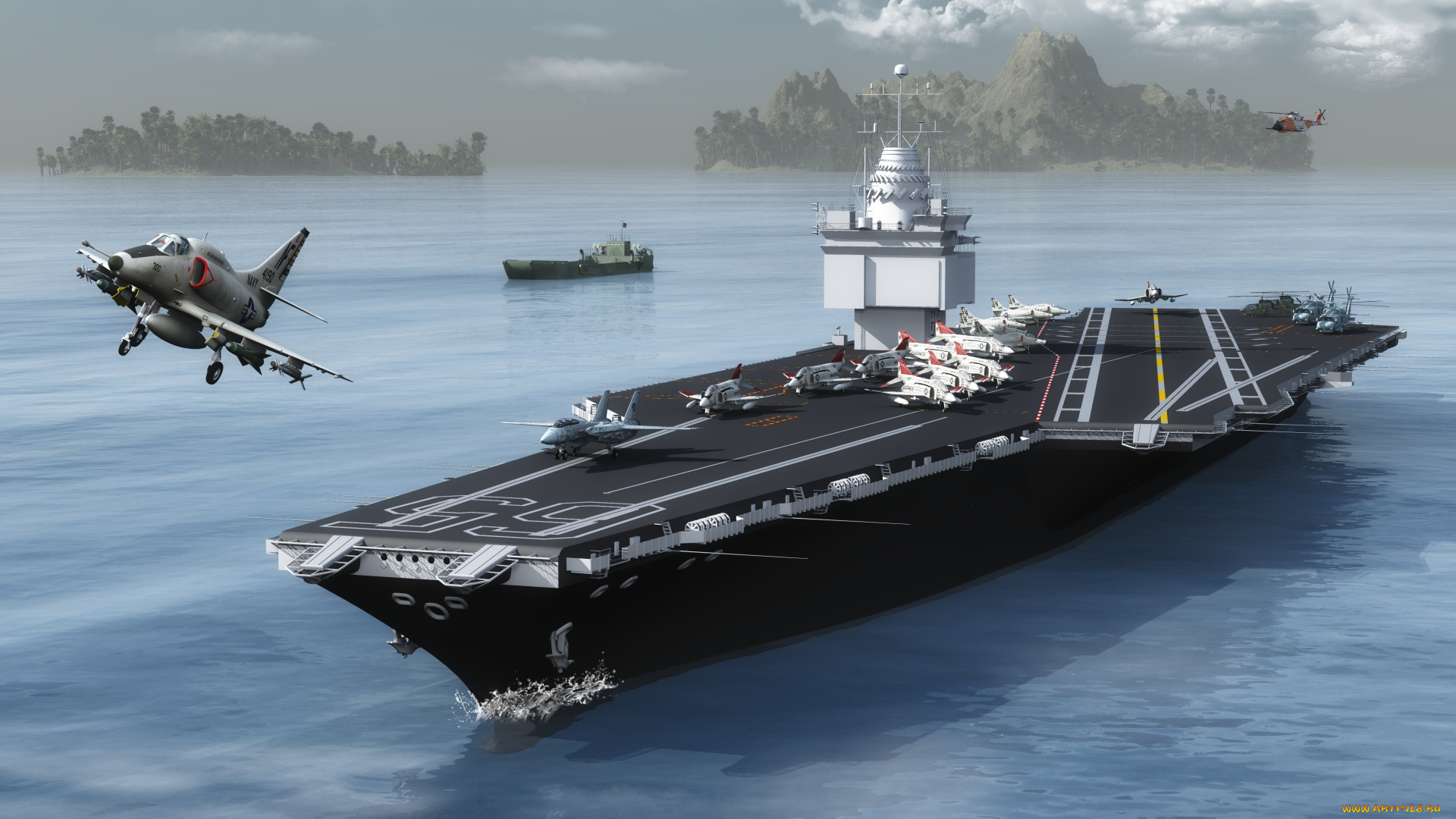 корабли, 3d, самолет, авианосец, море, полет