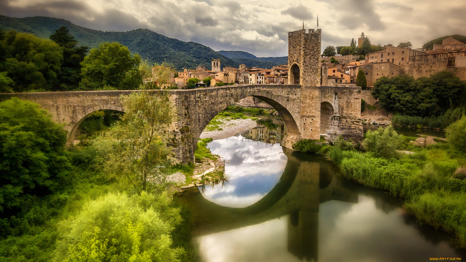 puente, fortificado, de, besal&, 250, города, -, мосты, дома, башня, мост, река, горы