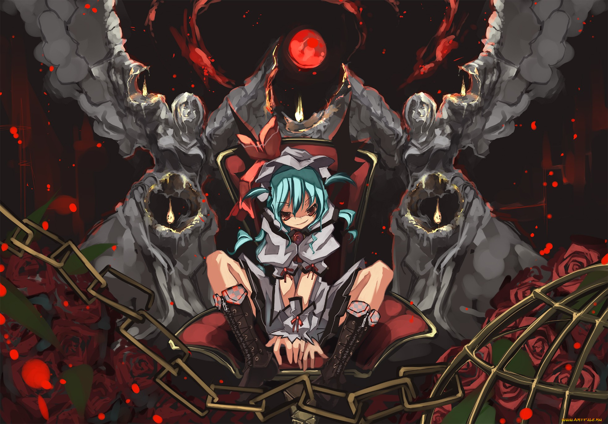 аниме, touhou, remilia, scarlet, девушка, демон, крылья, бант, шляпа, кресло, платье, цепи, розы, цветы, клетка, статуя, свеча, огонь, луна