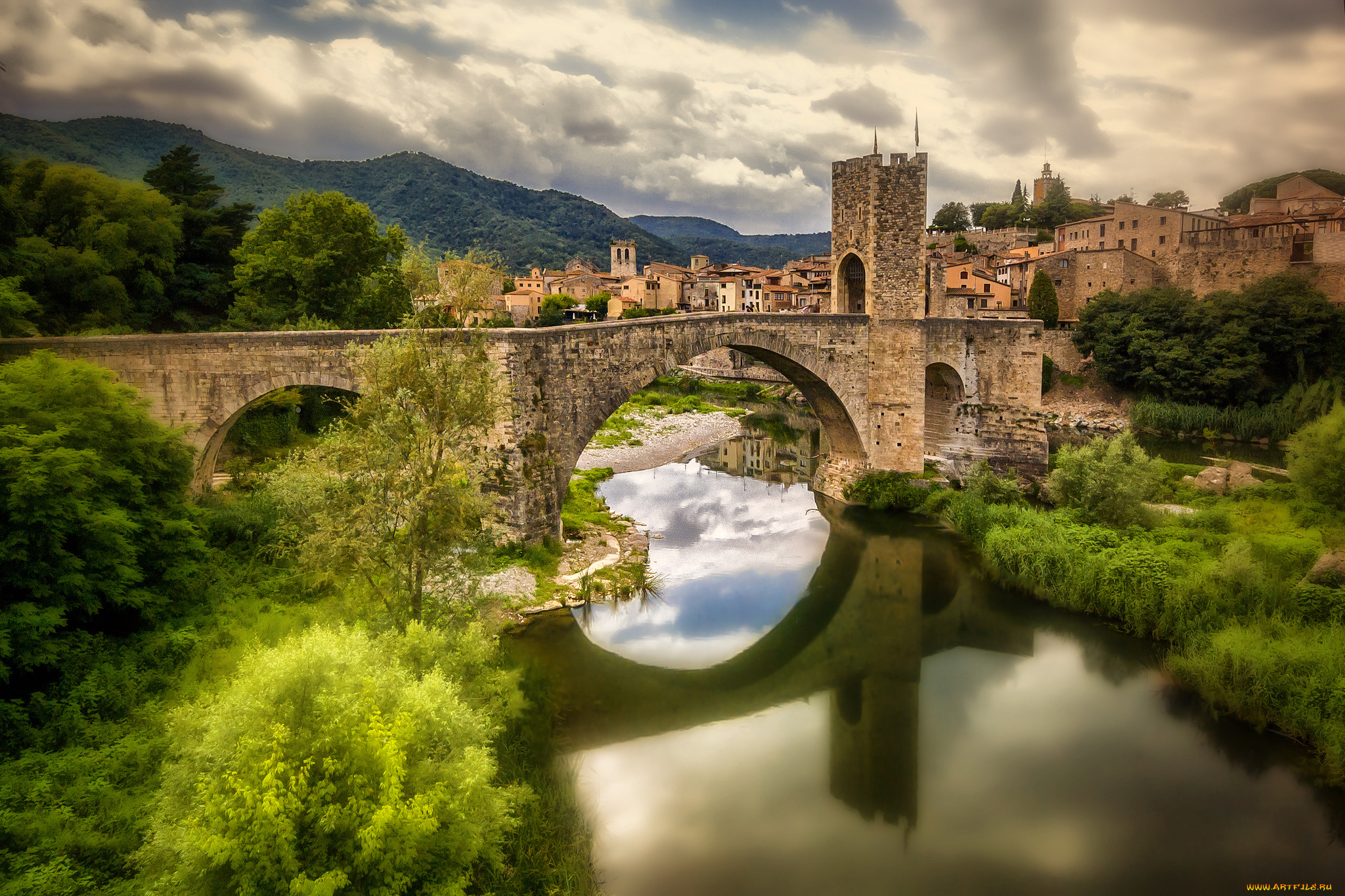 puente, fortificado, de, besal&, 250, города, -, мосты, дома, башня, мост, река, горы