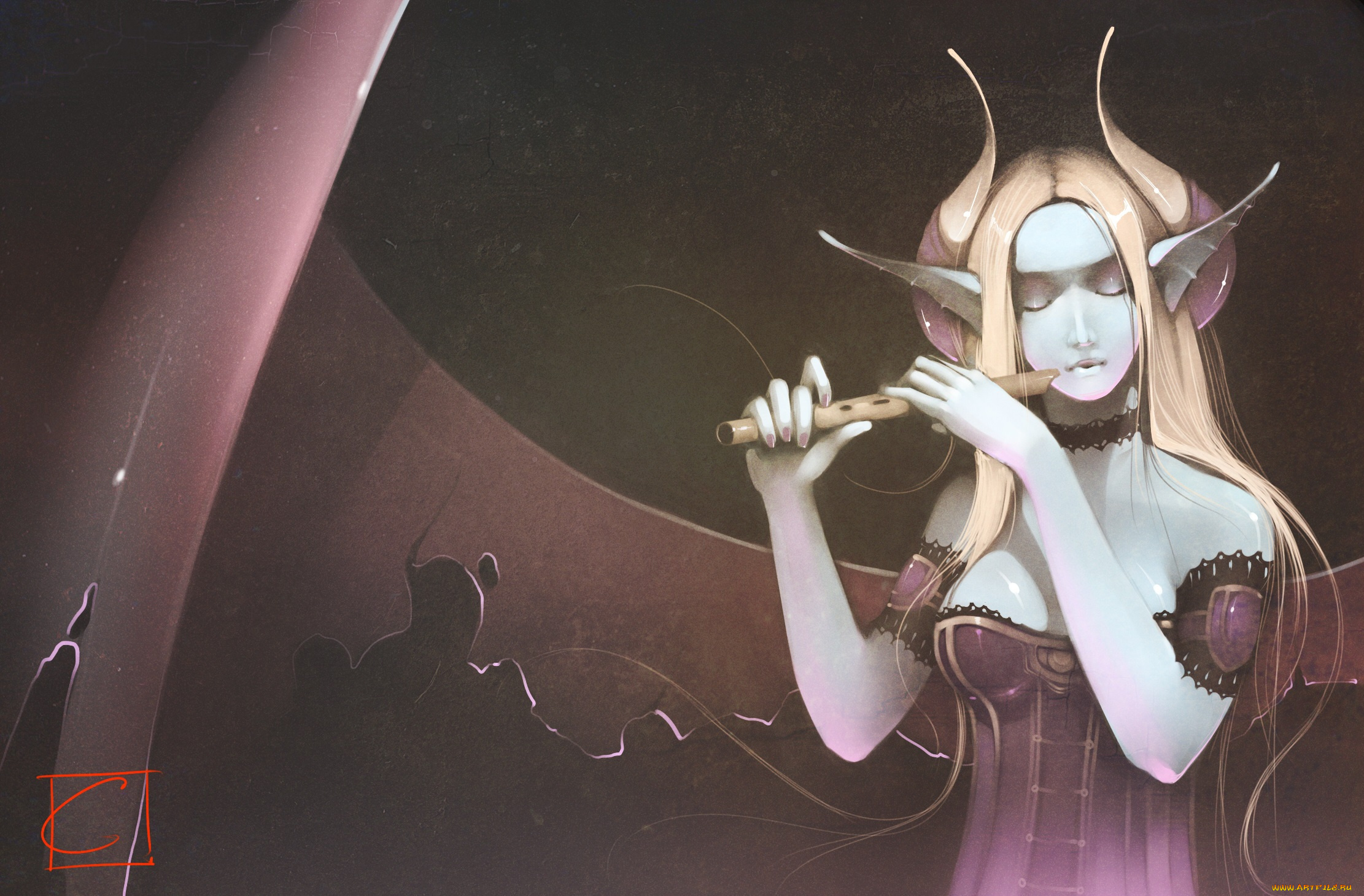 gaudibuendia, фэнтези, существа, девушка, крылья, флейта, уши, арт