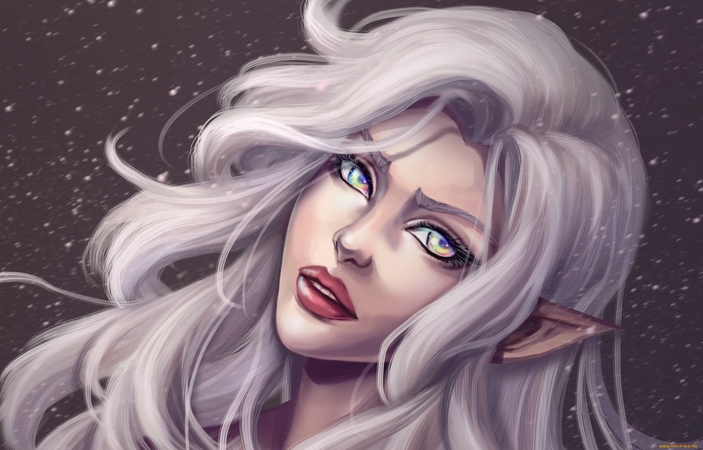 фэнтези, эльфы, глаза, ушки, уши, лицо, арт, девушка, эльф, белые, волосы, губы, взгляд