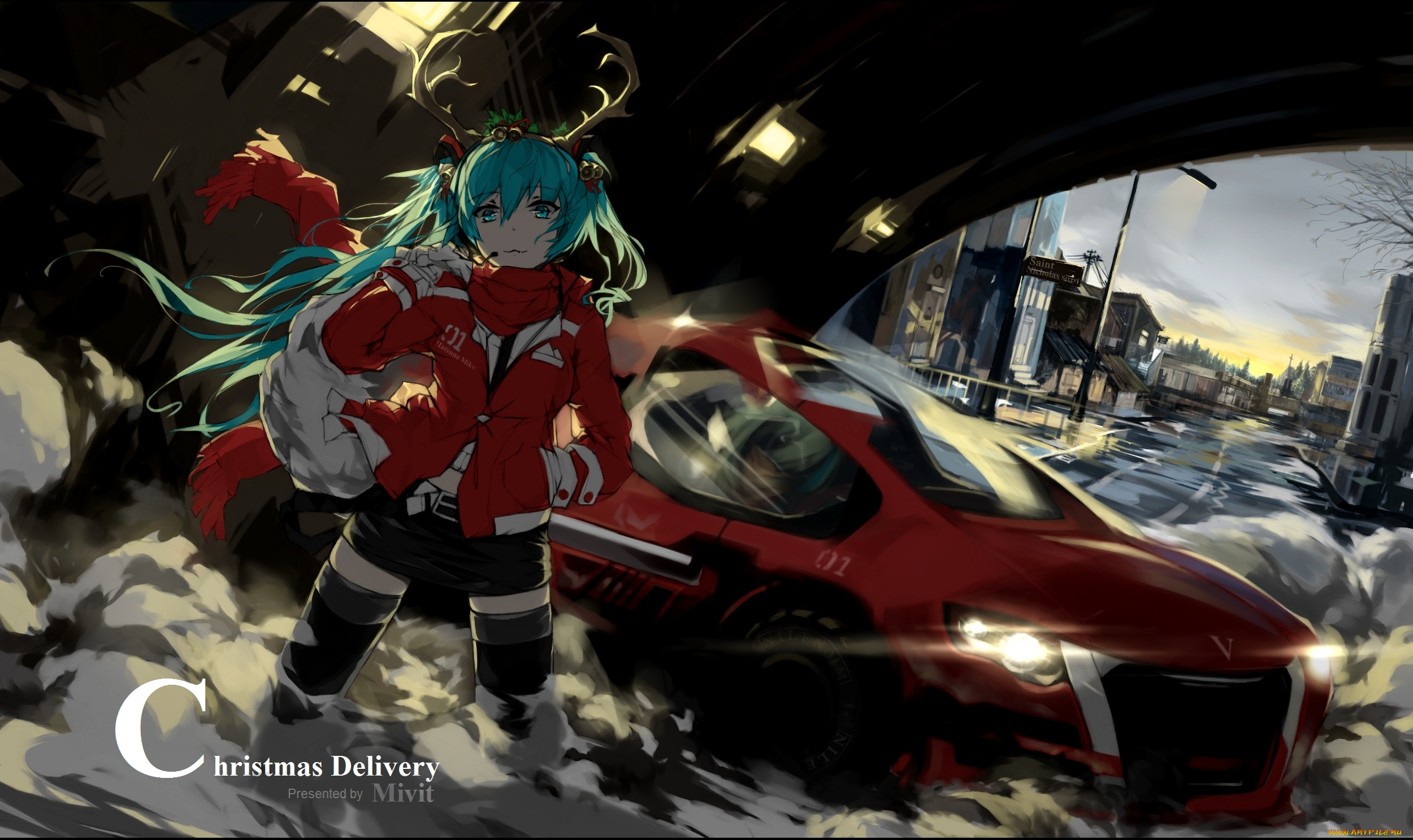 аниме, vocaloid, новый, год, автомобиль, арт, miyisti-c, hatsune, miku