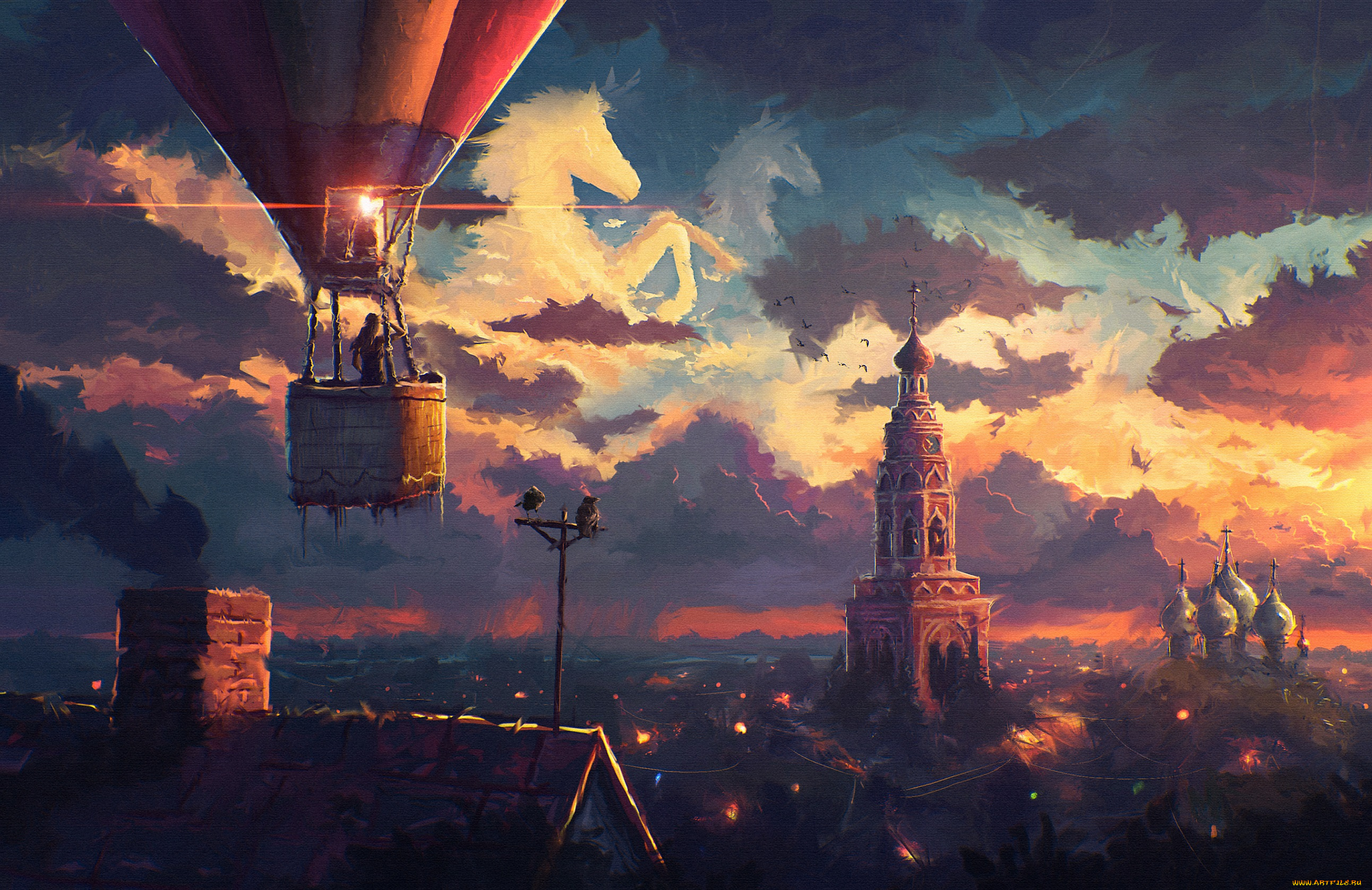 фэнтези, транспортные, средства, небо, крыша, арт, облака, воздушный, шар, купол, церковь, город