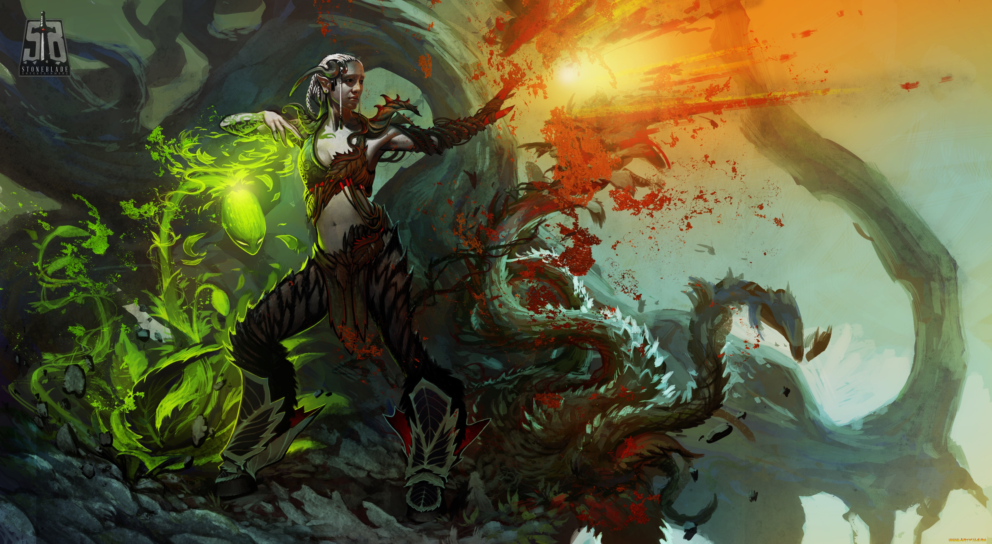 фэнтези, существа, уши, копыта, растение, огонь, магия, девушка, dryad, art, кровь