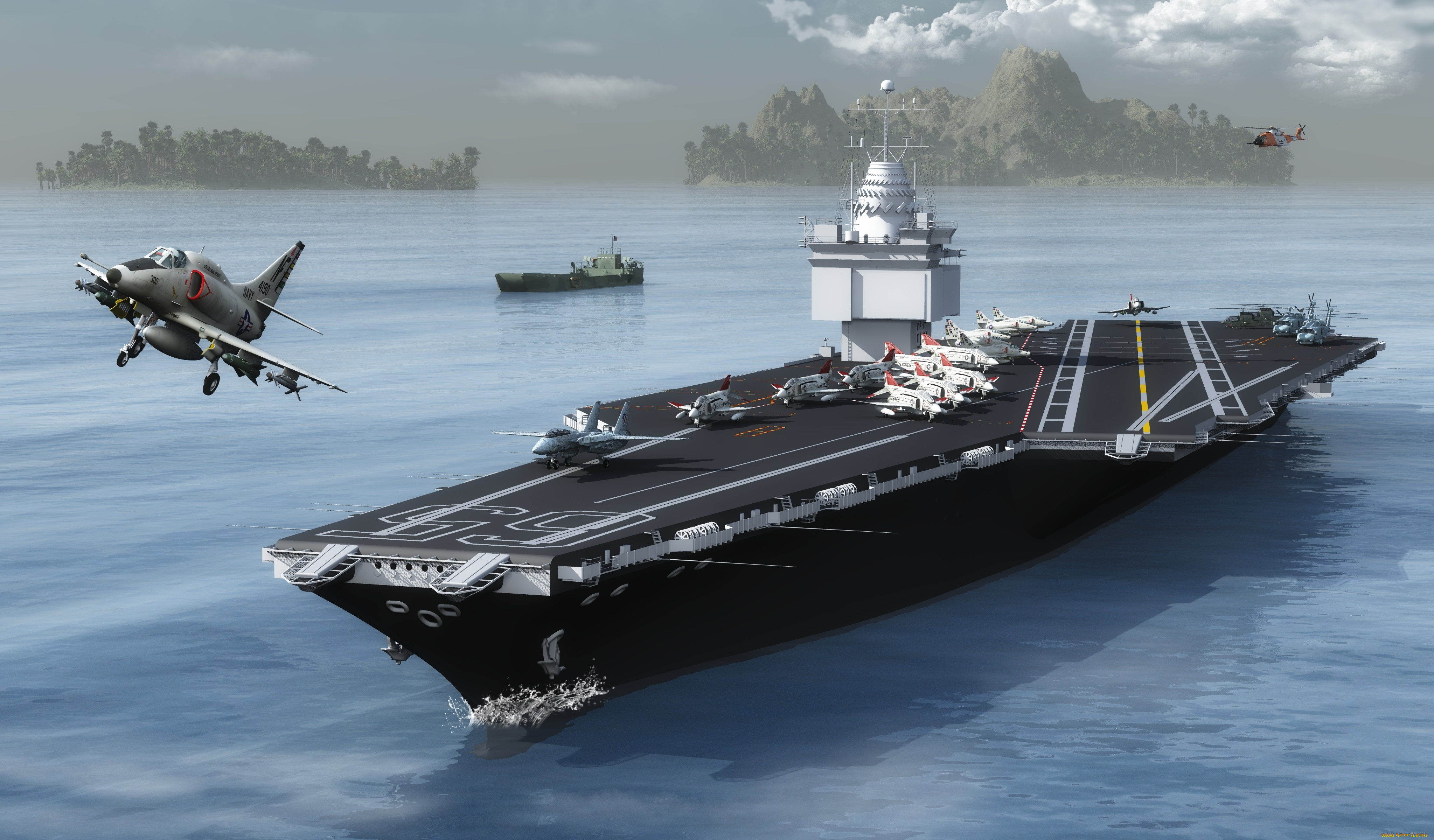 корабли, 3d, самолет, авианосец, море, полет