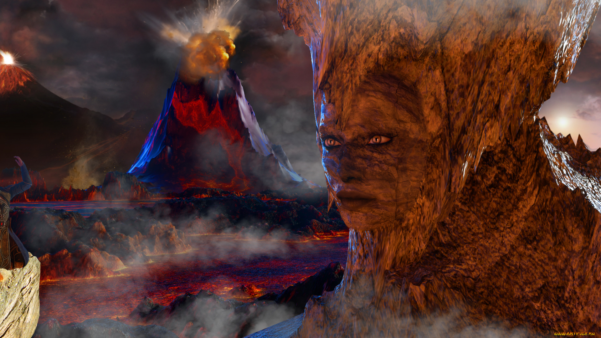 3д, графика, фантазия, , fantasy, фон, взгляд, девушка, мутант, вулканы