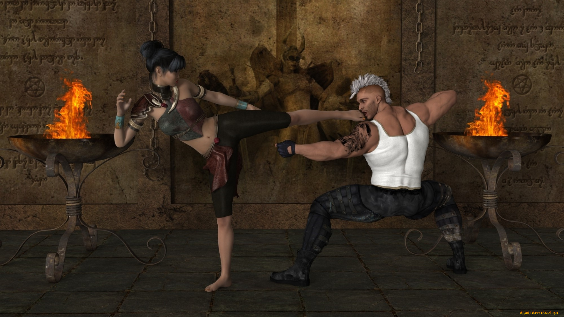 3д, графика, фантазия, , fantasy, огонь, поза, фон, взгляд, парень, девушка