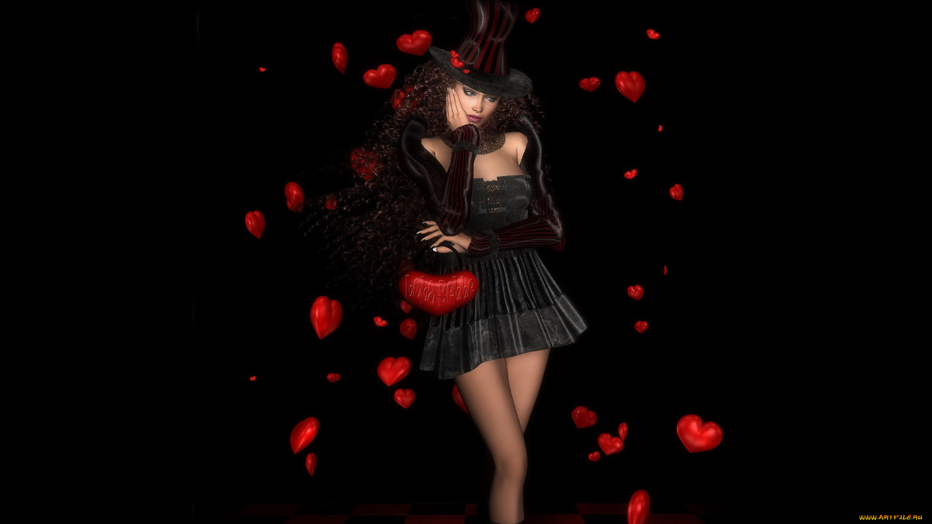 3д, графика, фантазия, , fantasy, шляпа, сердце, фон, девушка