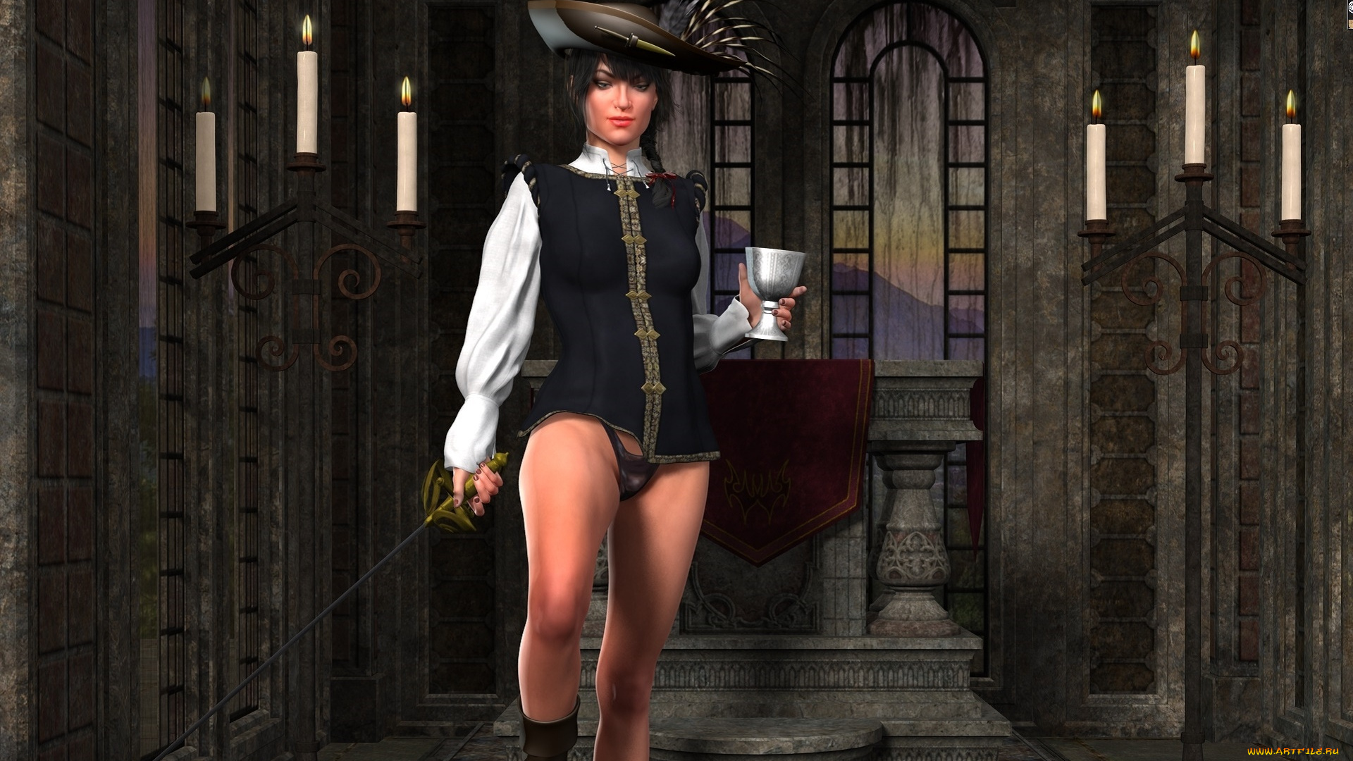 3д, графика, люди, , people, чаша, шпага, фон, мушкетер, взгляд, девушка, шляпа, свечи