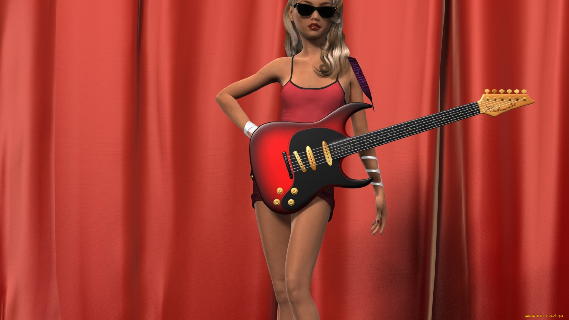 3д, графика, люди, , people, гитара, фон, взгляд, девушка