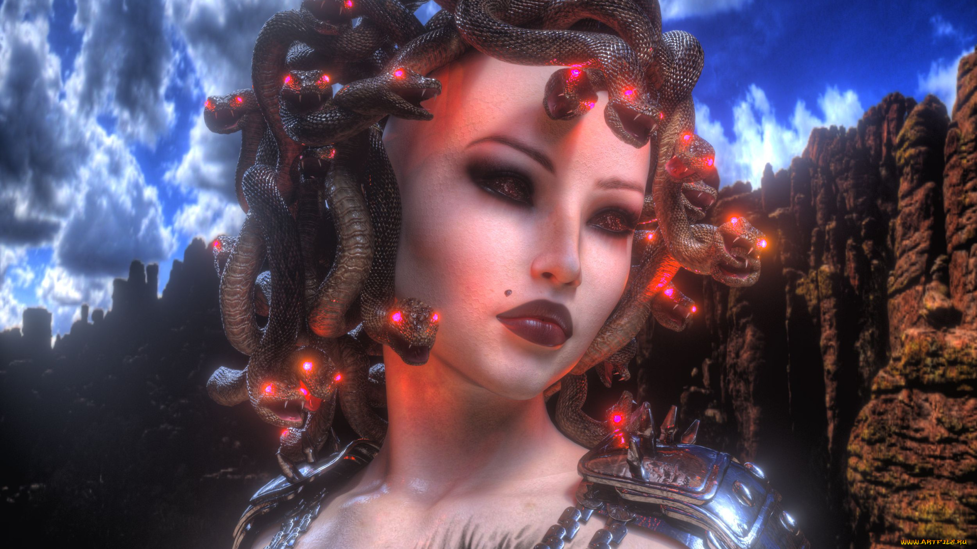 3д, графика, существа, , creatures, горгона, взгляд, фон, девушка