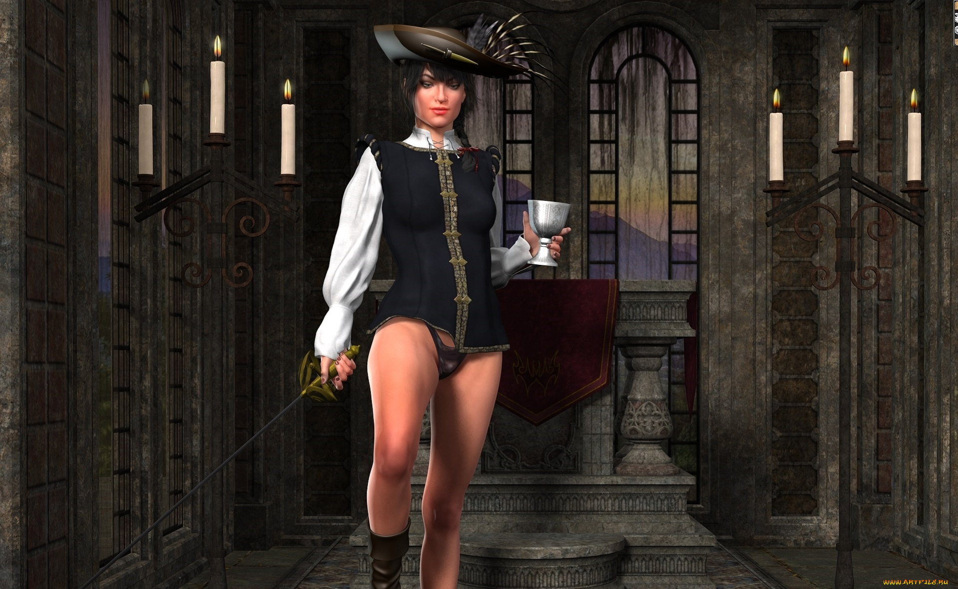 3д, графика, люди, , people, чаша, шпага, фон, мушкетер, взгляд, девушка, шляпа, свечи