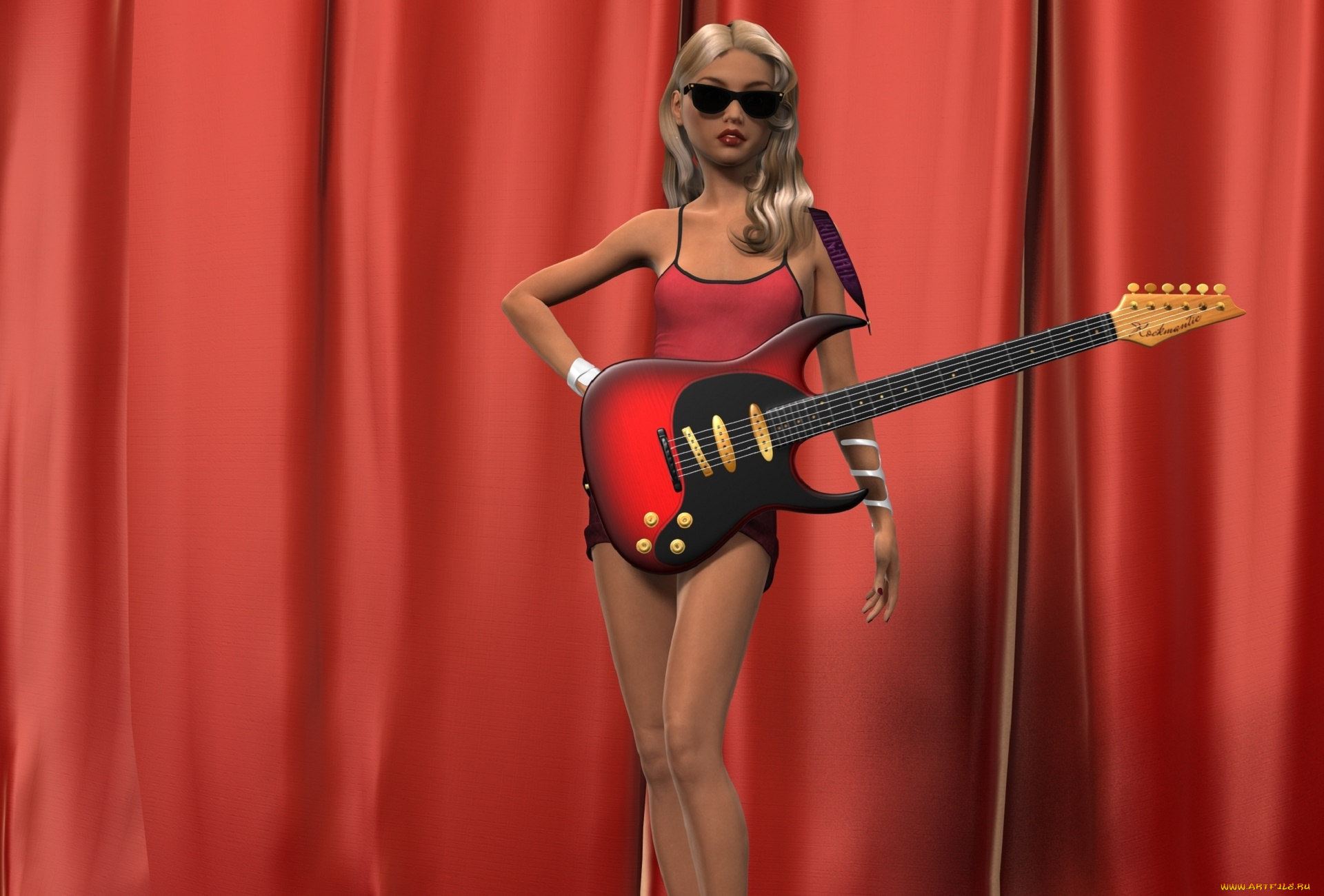 3д, графика, люди, , people, гитара, фон, взгляд, девушка