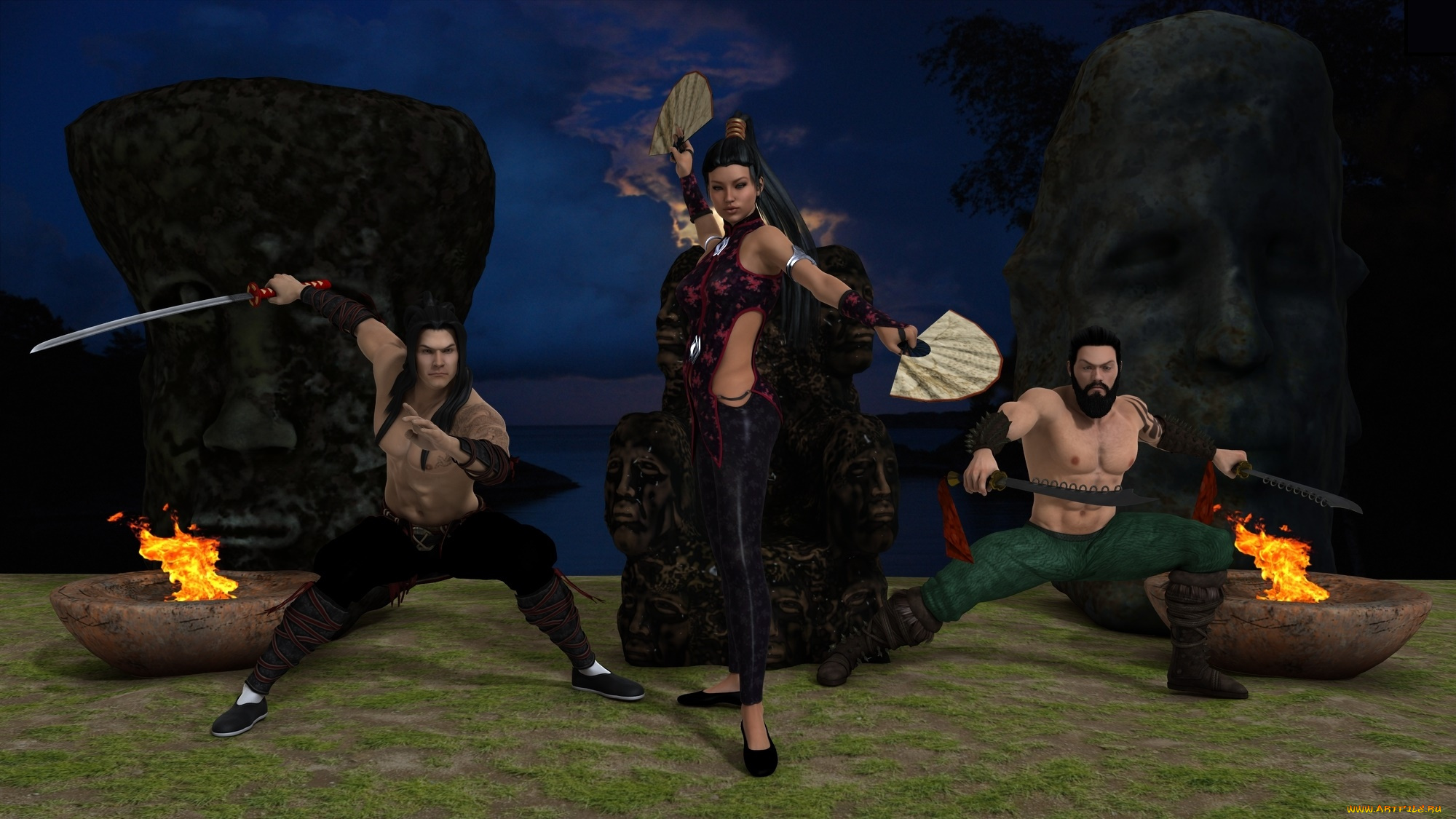 3д, графика, фантазия, , fantasy, мужчины, оружие, веера, поза, фон, огонь, девушка, взгляд