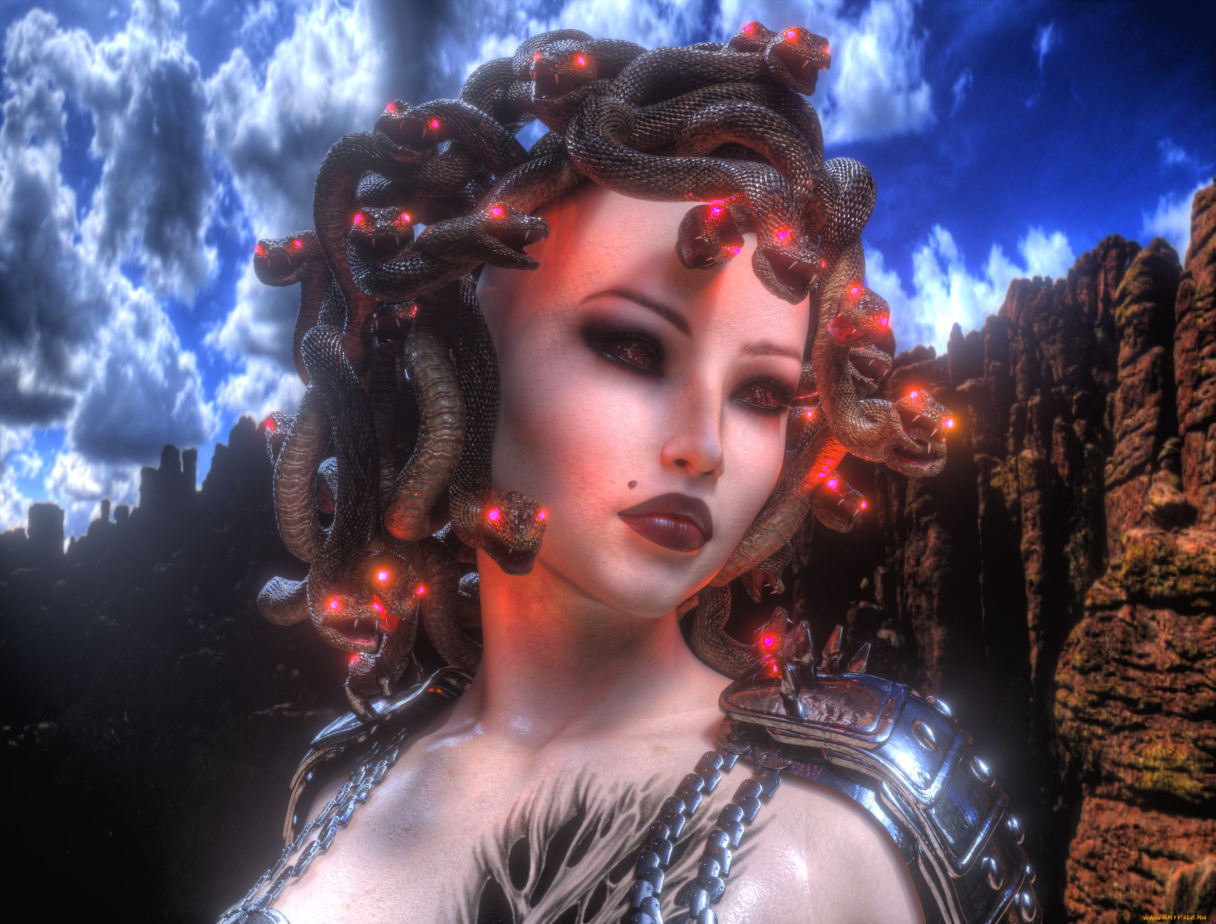 3д, графика, существа, , creatures, горгона, взгляд, фон, девушка