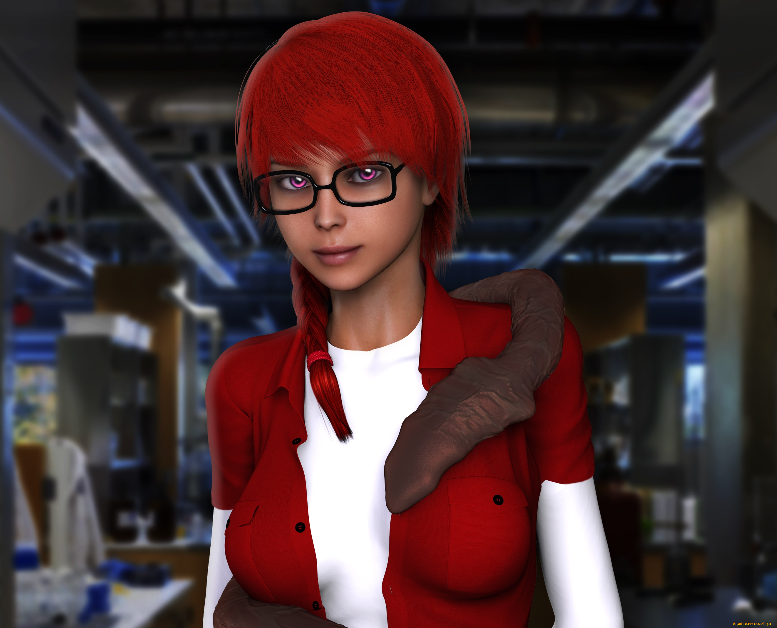 3д, графика, фантазия, , fantasy, рыжая, фон, взгляд, девушка