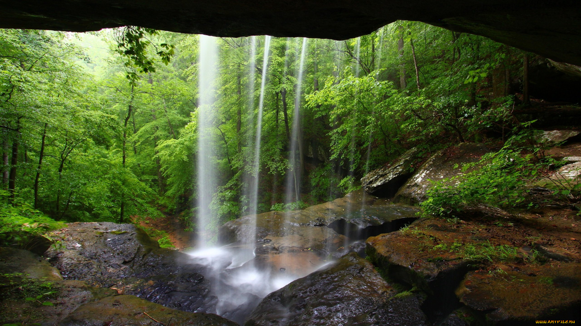 природа, водопады, водопад, лес, пещера, камни