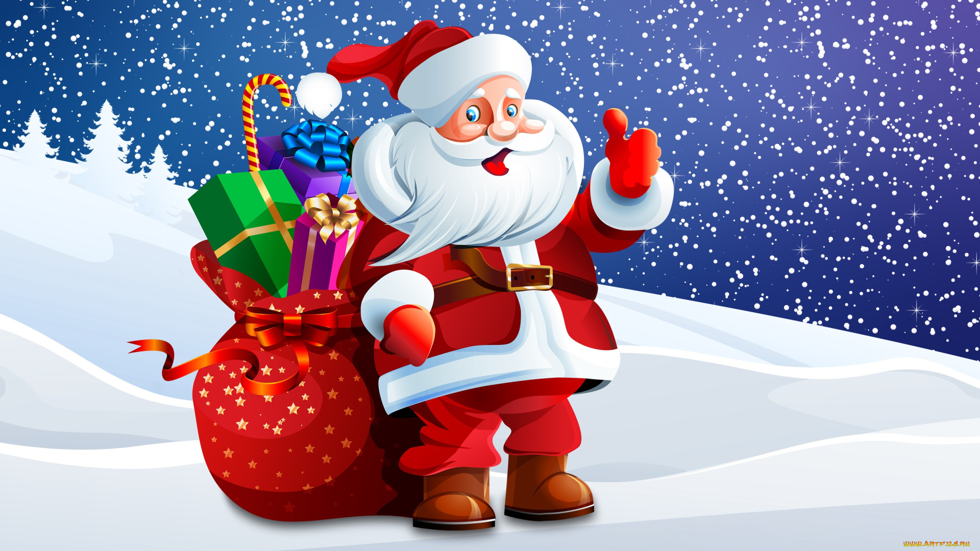 праздничные, векторная, графика, , новый, год, санта, мешок, костюм, дедушка, клаус, дед, новый, год, снежинки, фон, сугробы, праздник, рождество, снег, санта-клаус, -, подарки