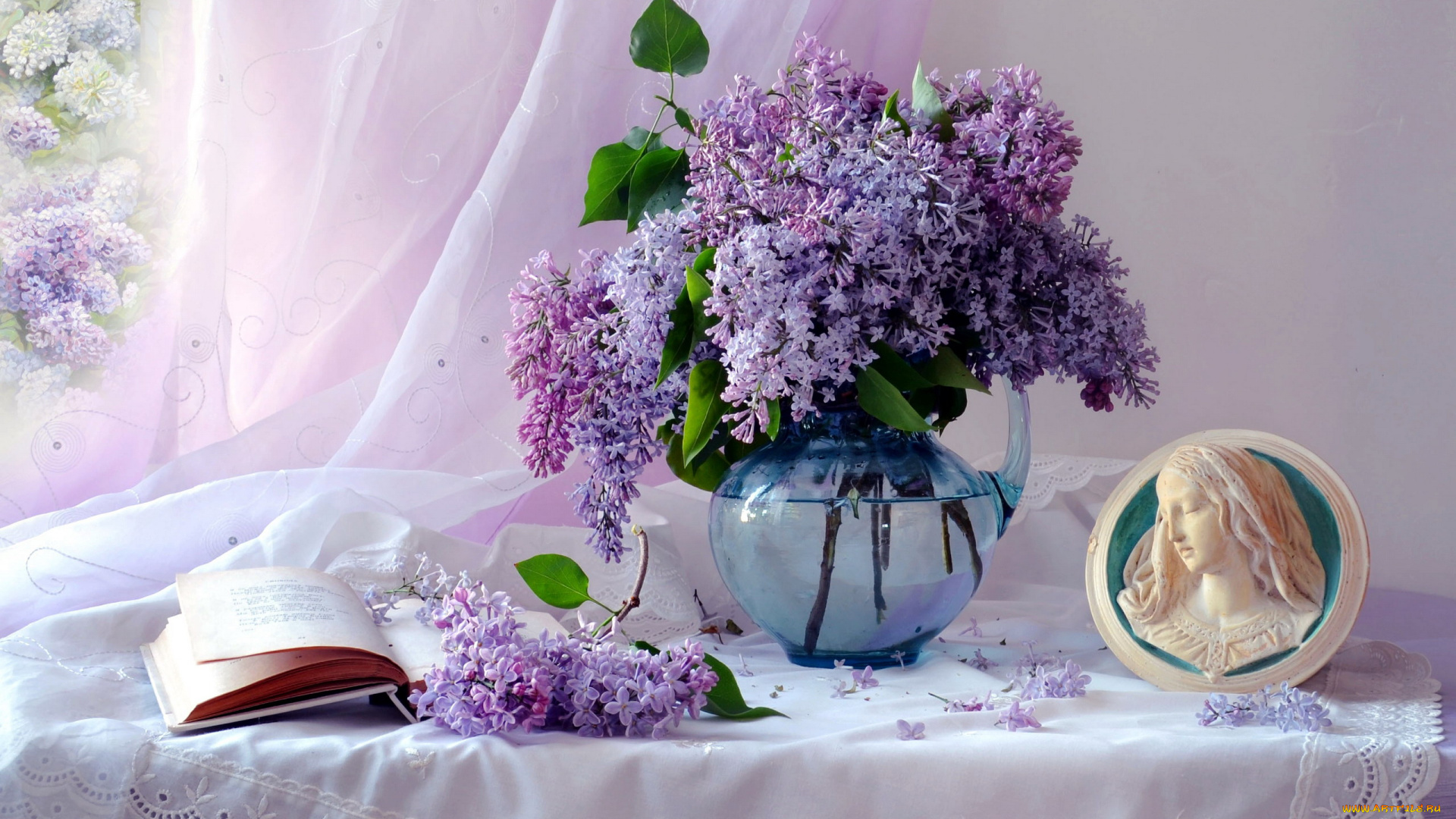 цветы, сирень, книга, букет
