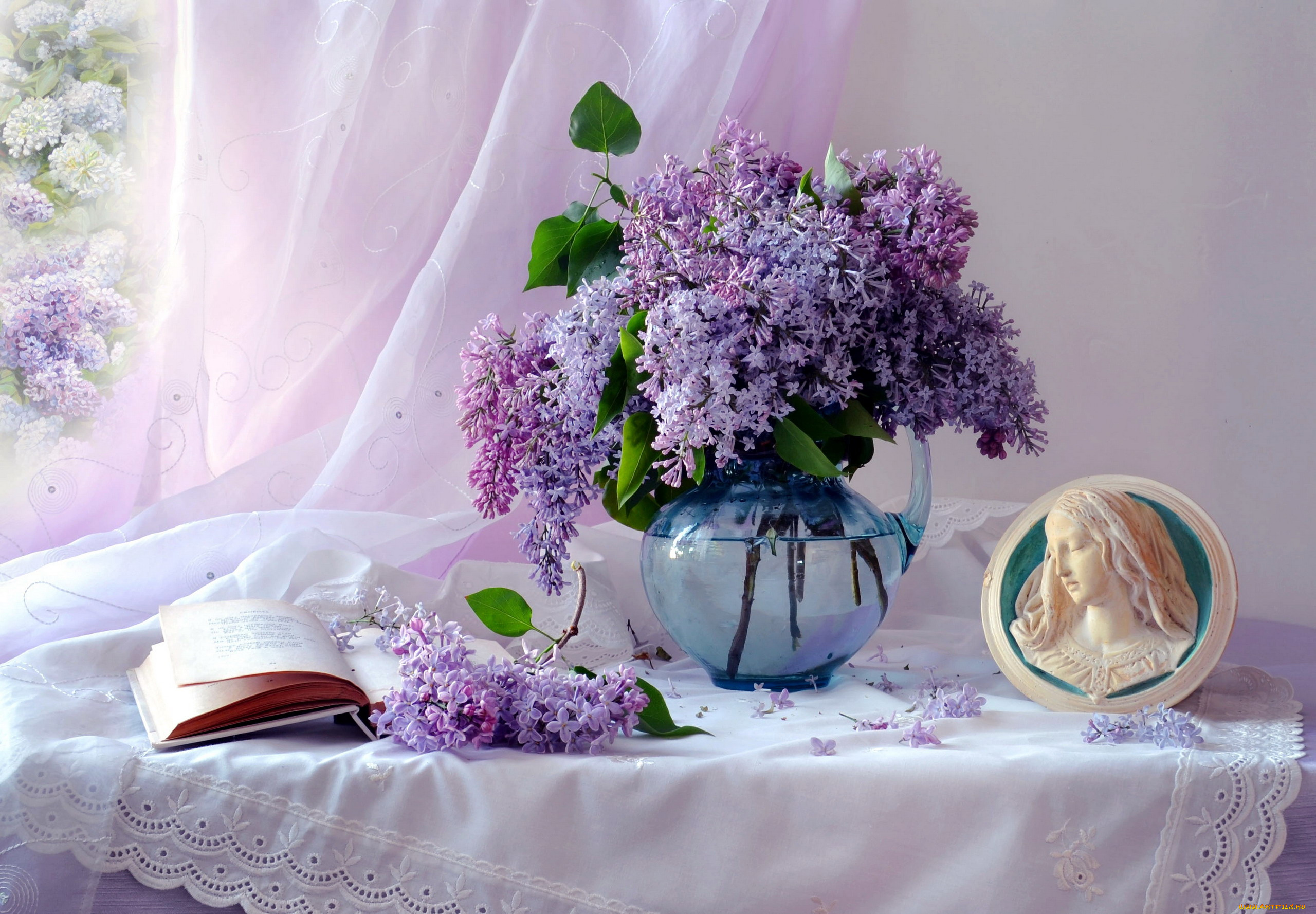 цветы, сирень, книга, букет