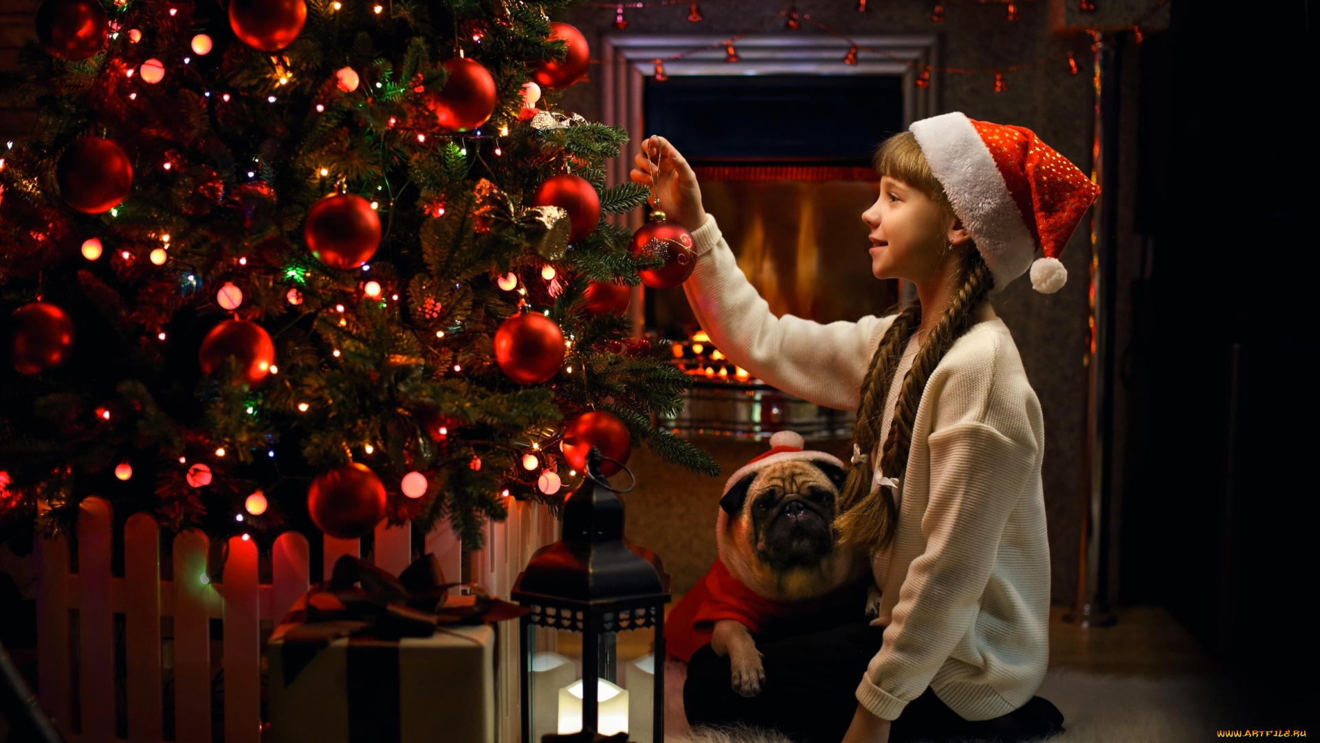 разное, дети, девочка, собака, ёлка, камин