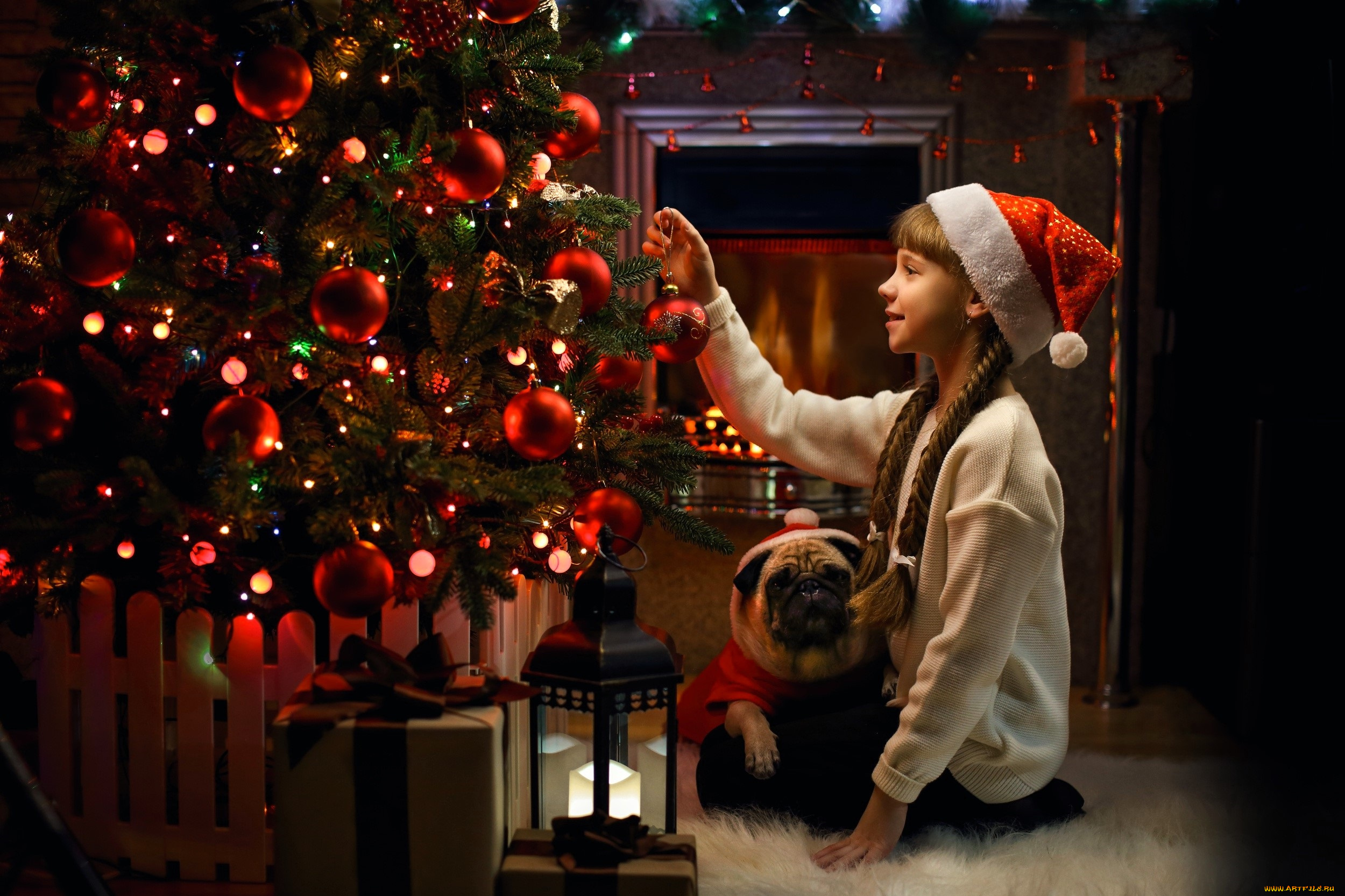 разное, дети, девочка, собака, ёлка, камин