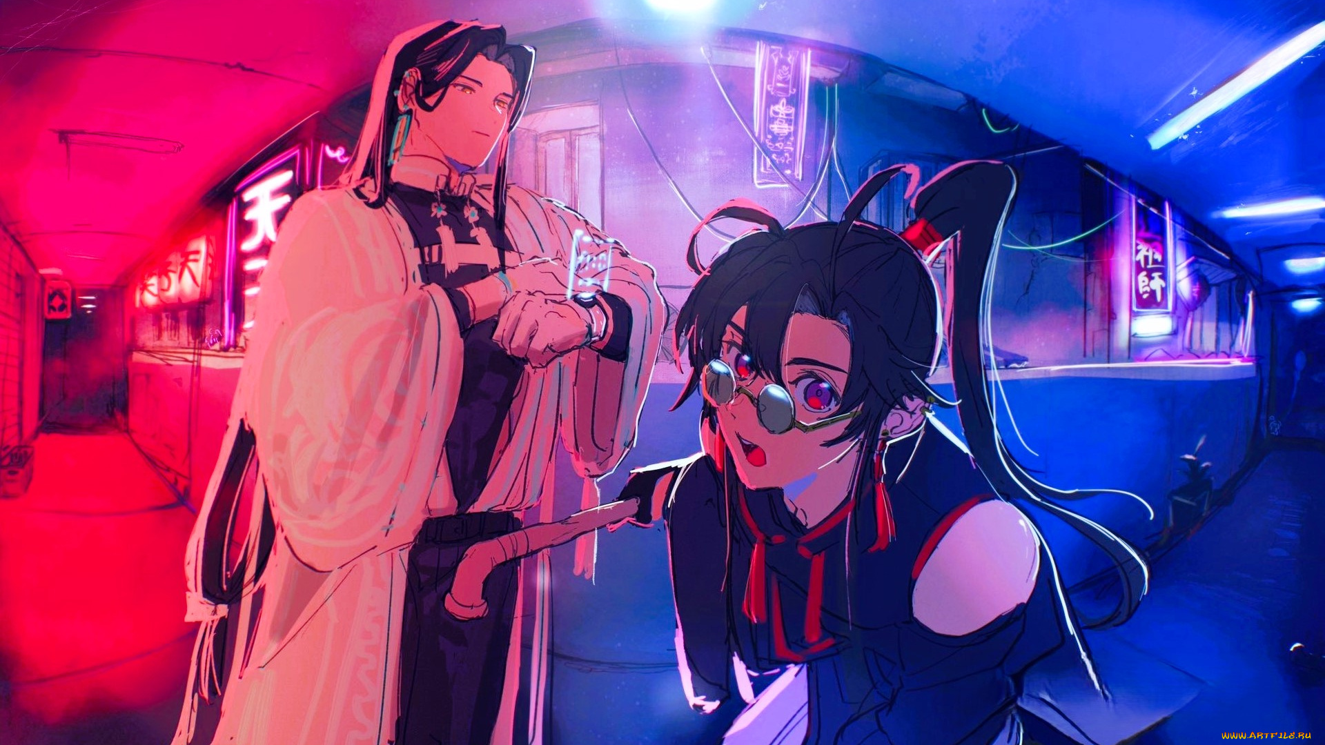 аниме, mo, dao, zu, shi, лань, ваннци, вэй, усянь, очки, неон, город