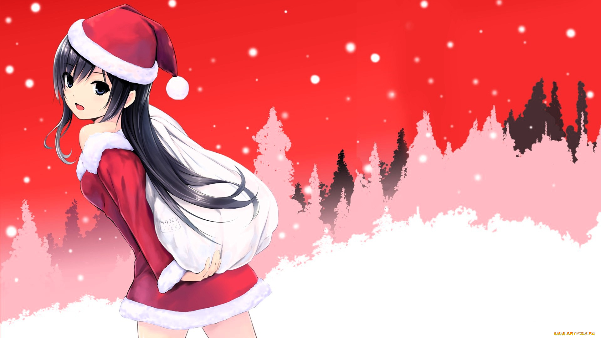 аниме, зима, , новый, год, , рождество, девушка, костюм, мешок, снег, лес