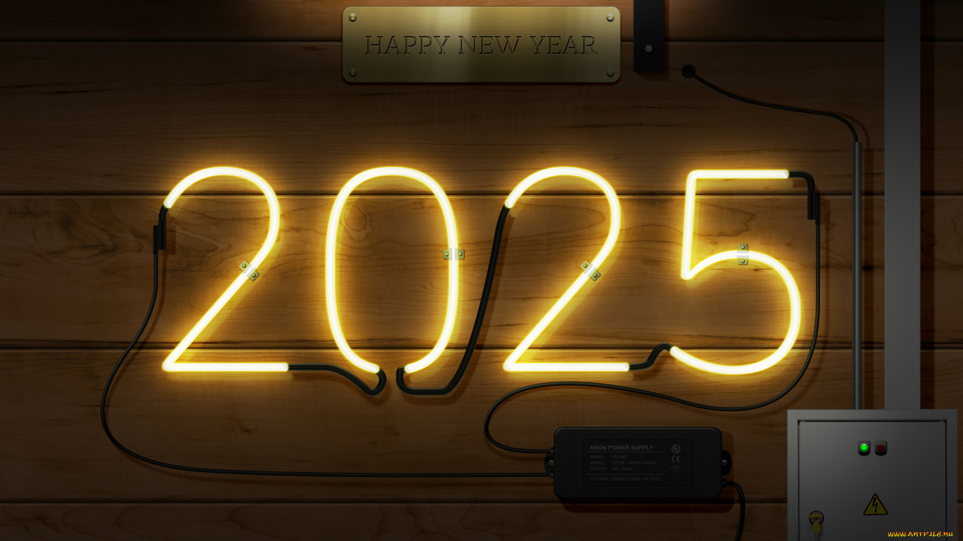 праздничные, -, разное, , новый, год, 2025, год, новый, неоновая, вывеска, дерево, неон, кабели