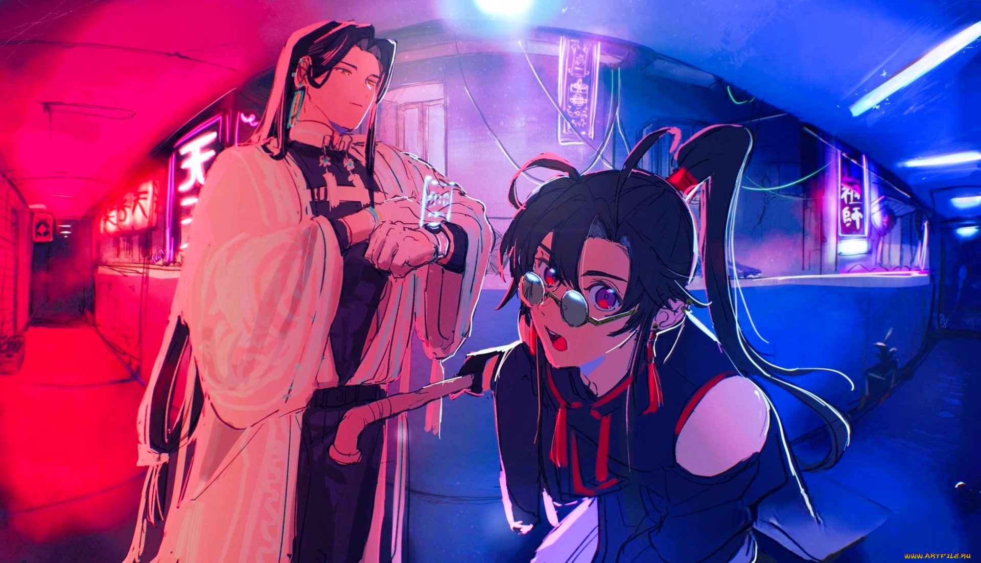 аниме, mo, dao, zu, shi, лань, ваннци, вэй, усянь, очки, неон, город