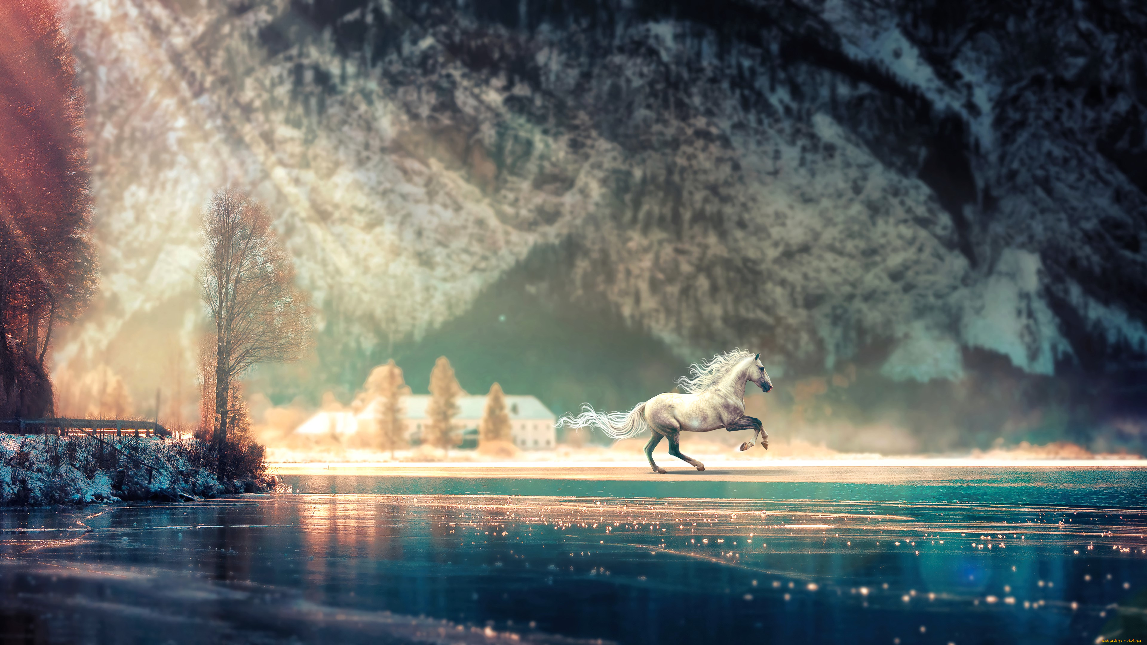 3д, графика, животные, , animals, лошадь, горы, деревья, озеро, снег, лед