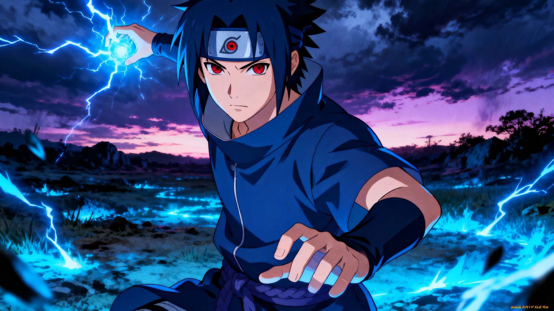 аниме, naruto, учиха, саске, магия, чидори, долина, закат