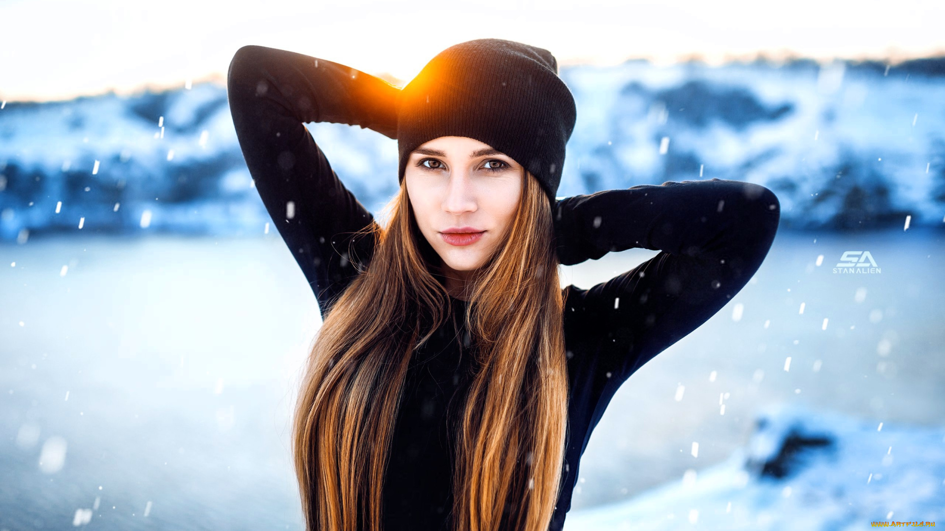 девушки, -, блондинки, , светловолосые, блондинка, шапка, свитер, снег, зима