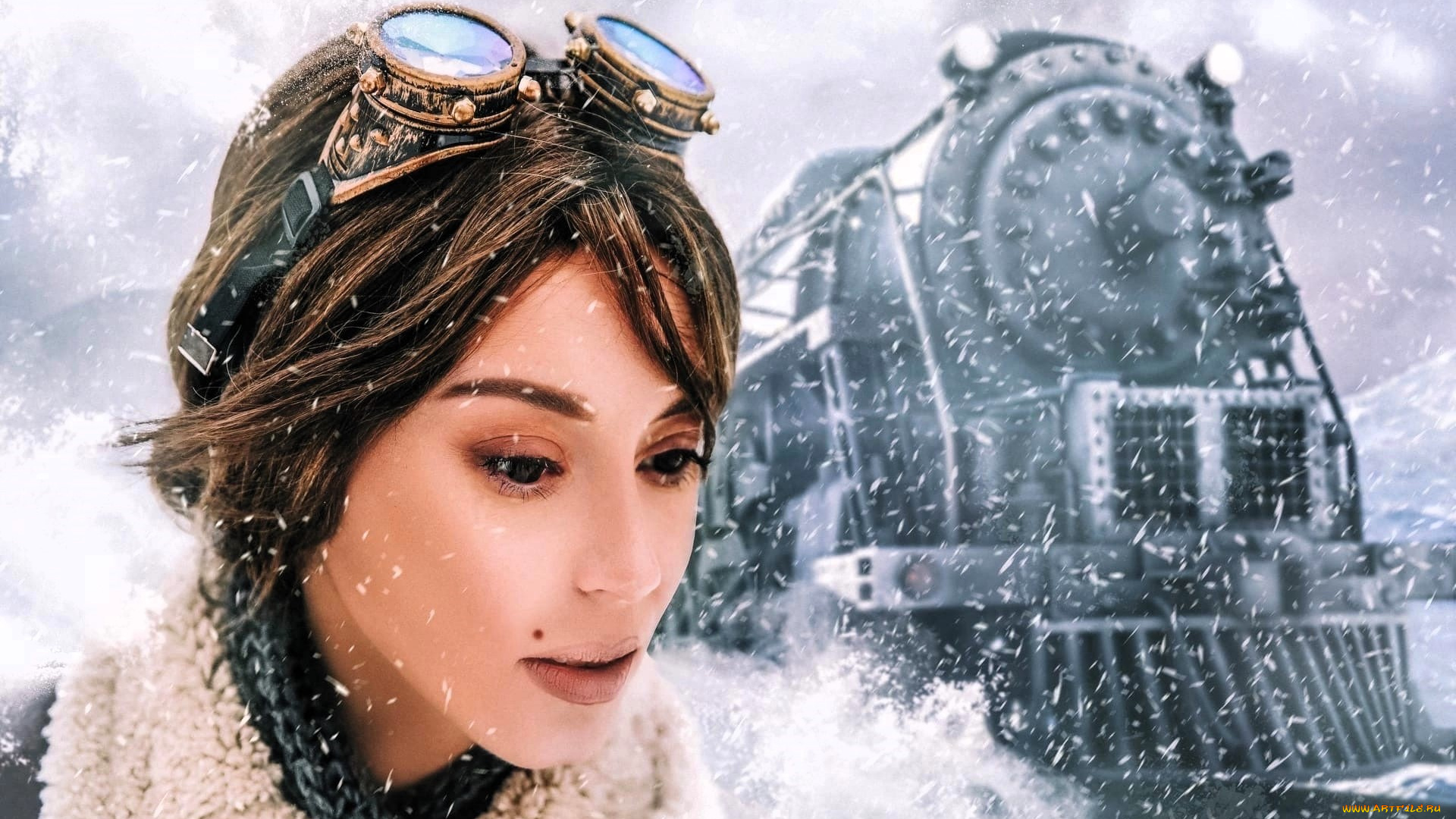 девушки, анна, шаховская, образ, косплей, наряд, костюм, очки, лицо, снег, зима, сибирь, паровоз