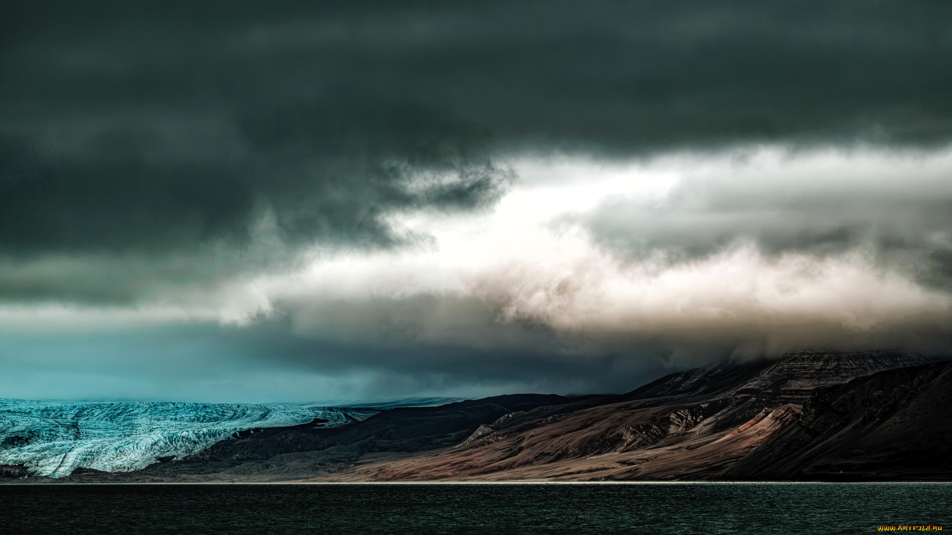 природа, побережье, тучи, ледник, горы, берег, море