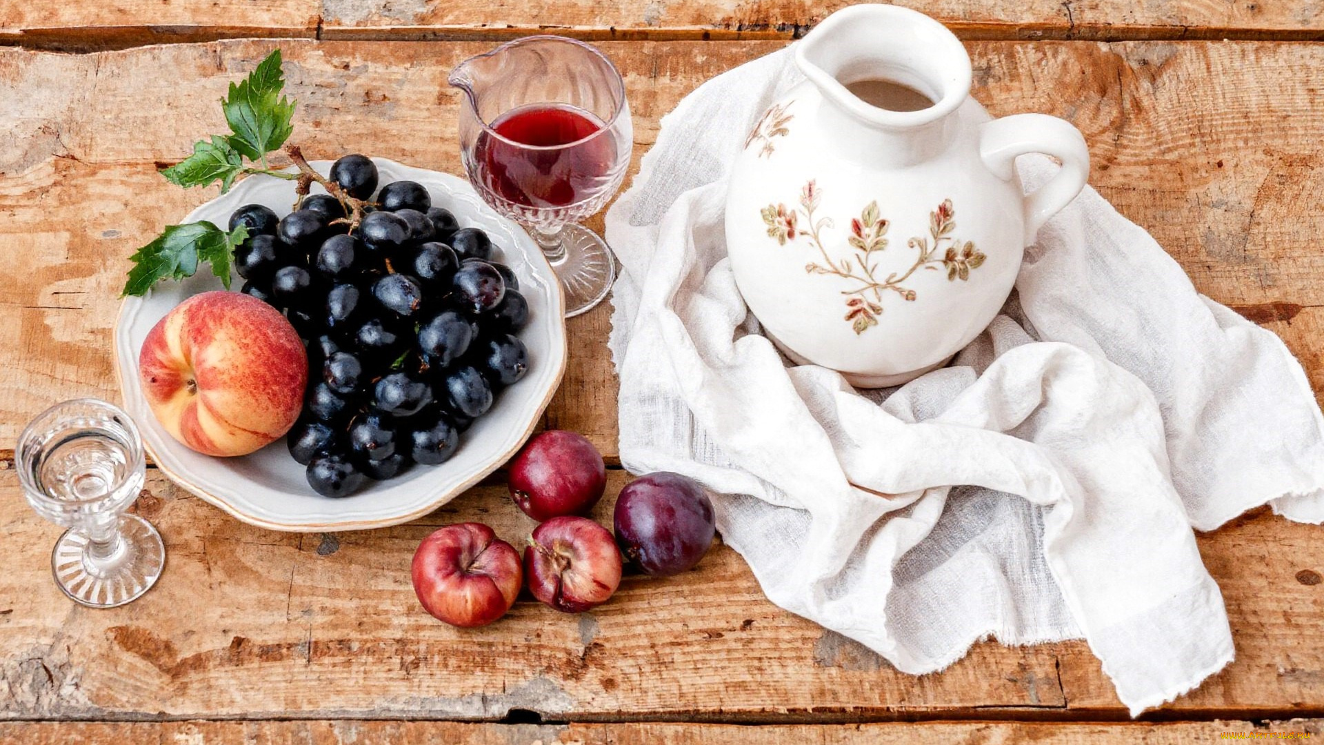 разное, компьютерный, дизайн, тарелка, фрукты, бокалы, кувшин, салфетка