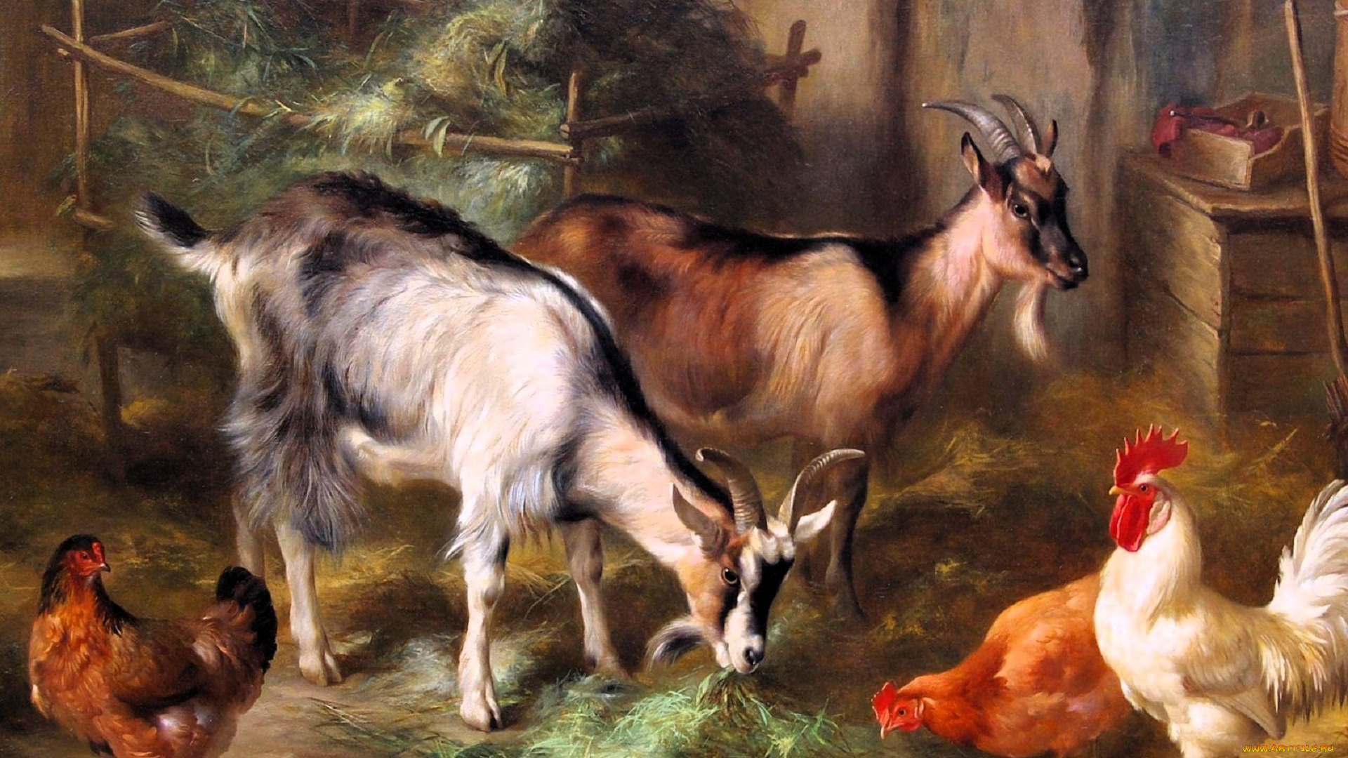 рисованное, edgar, hunt, козы, куры, петух, сено, сарай