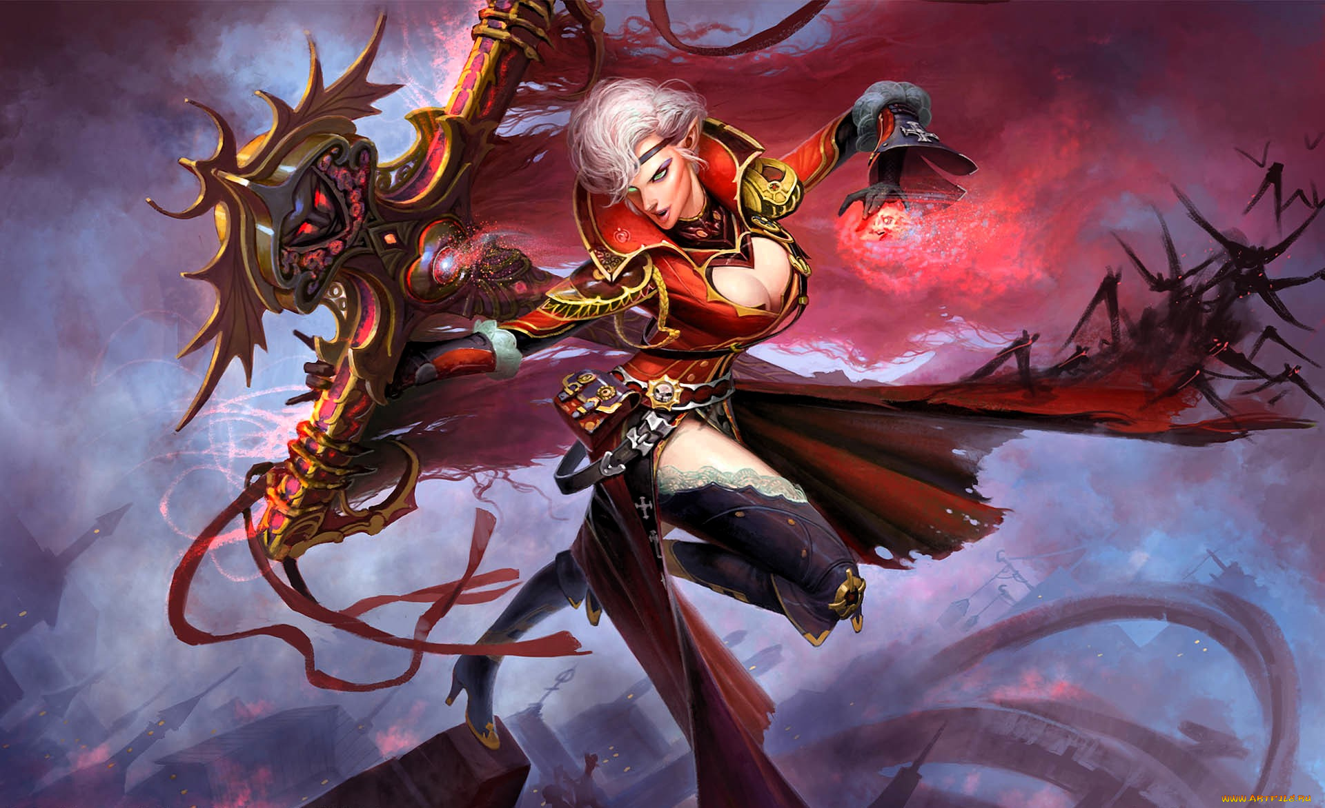 видео, игры, ether, saga, online, девушка, плащ, знамя, магия, город