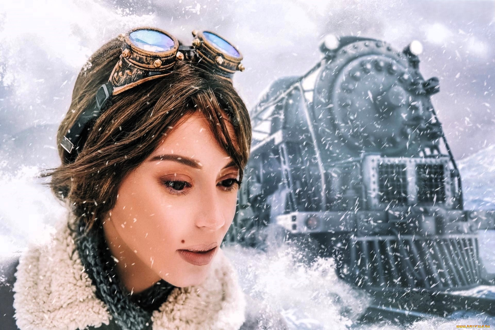 девушки, анна, шаховская, образ, косплей, наряд, костюм, очки, лицо, снег, зима, сибирь, паровоз