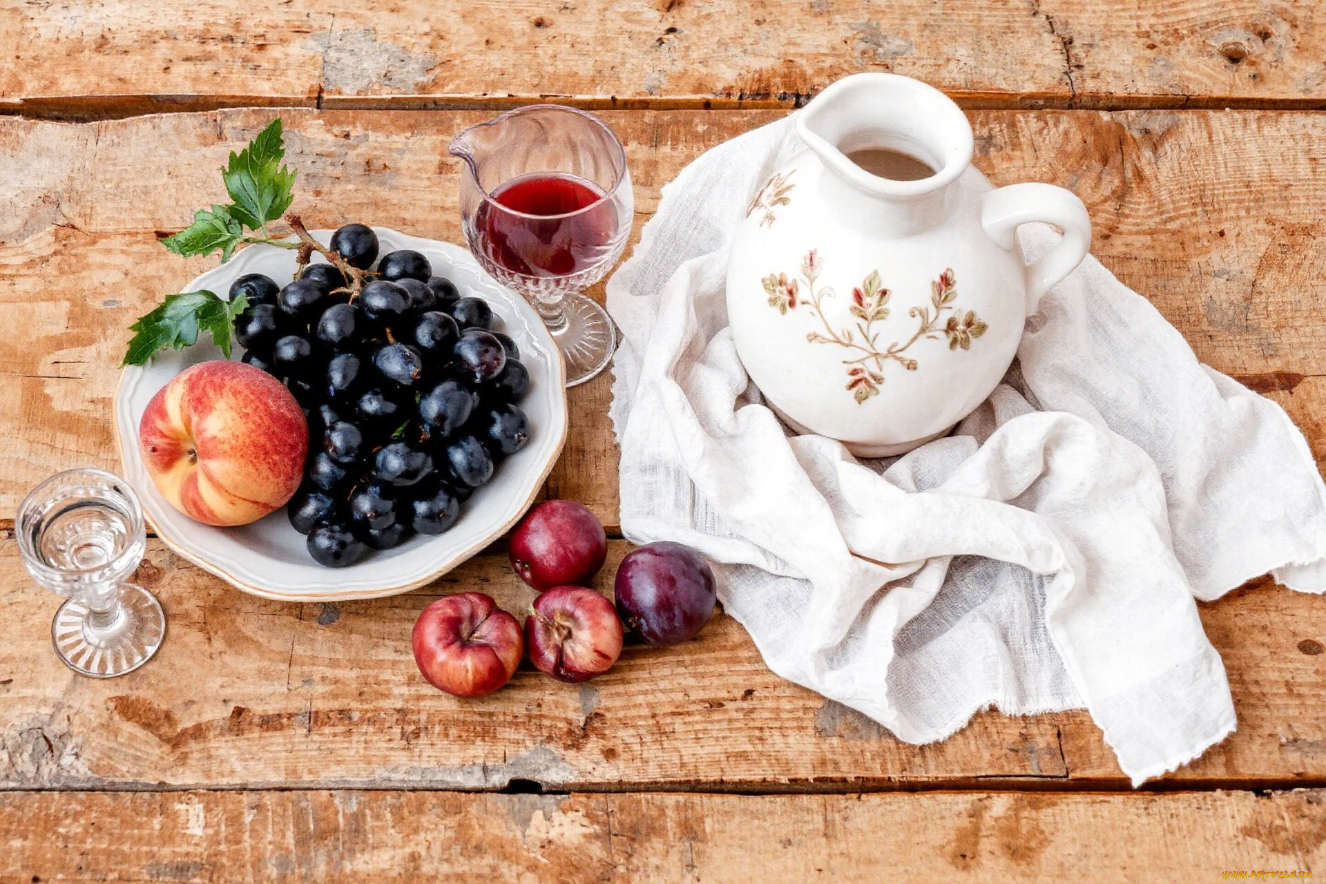 разное, компьютерный, дизайн, тарелка, фрукты, бокалы, кувшин, салфетка