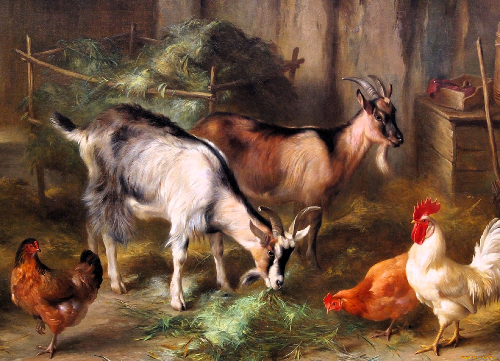 рисованное, edgar, hunt, козы, куры, петух, сено, сарай