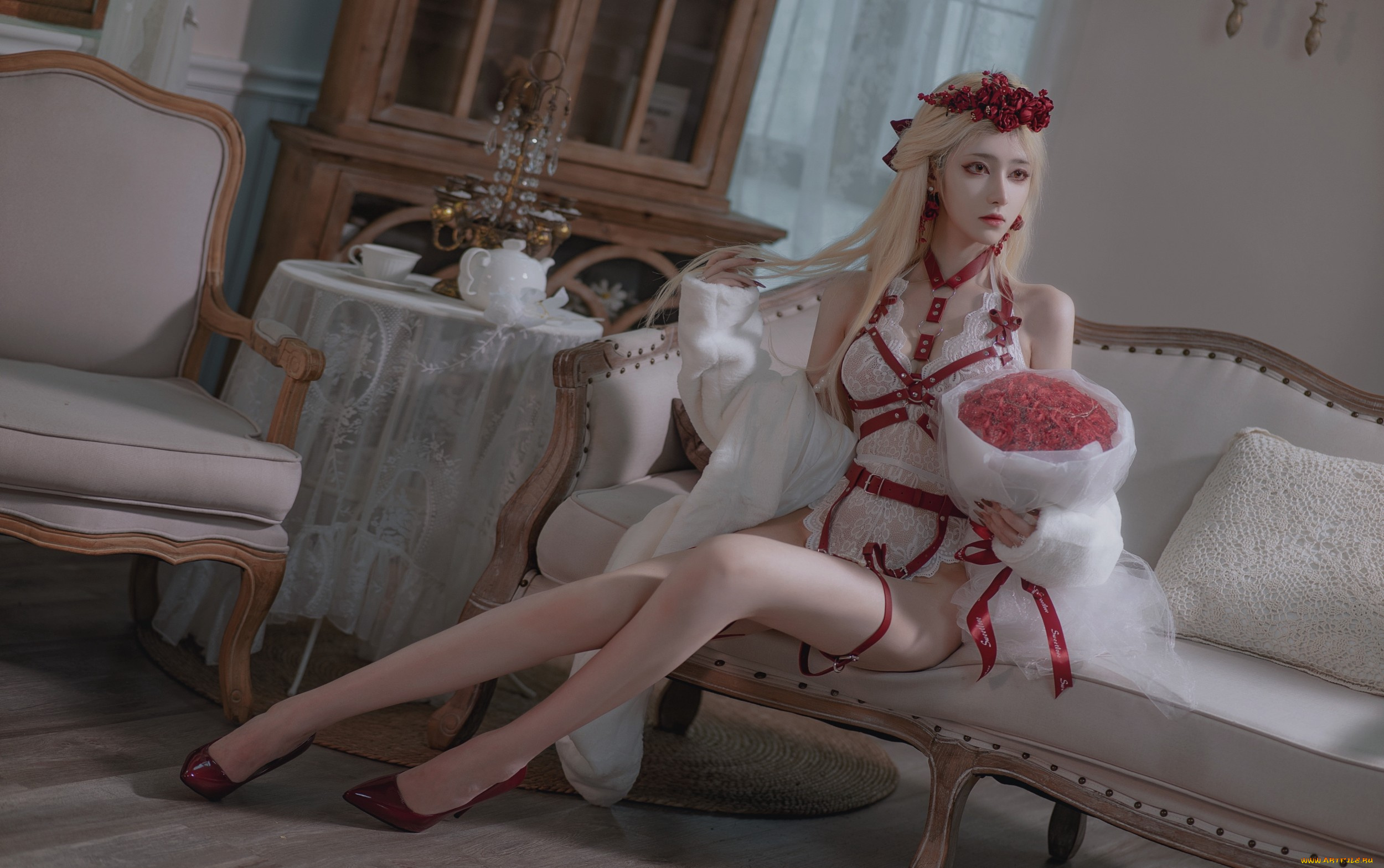 nantao, momoko, девушки, -, креатив, , косплей, девушка, женщина, блондинка, светловолосая, сексуальная, модель, звезда, позирует, разная, обувь, верхняя, стильная, одежда, нижнее, эротическое, бельё, трусы, лифчик, колготки, чулки, аксессуары, макияж, и, множество, элементов, на, фотографии