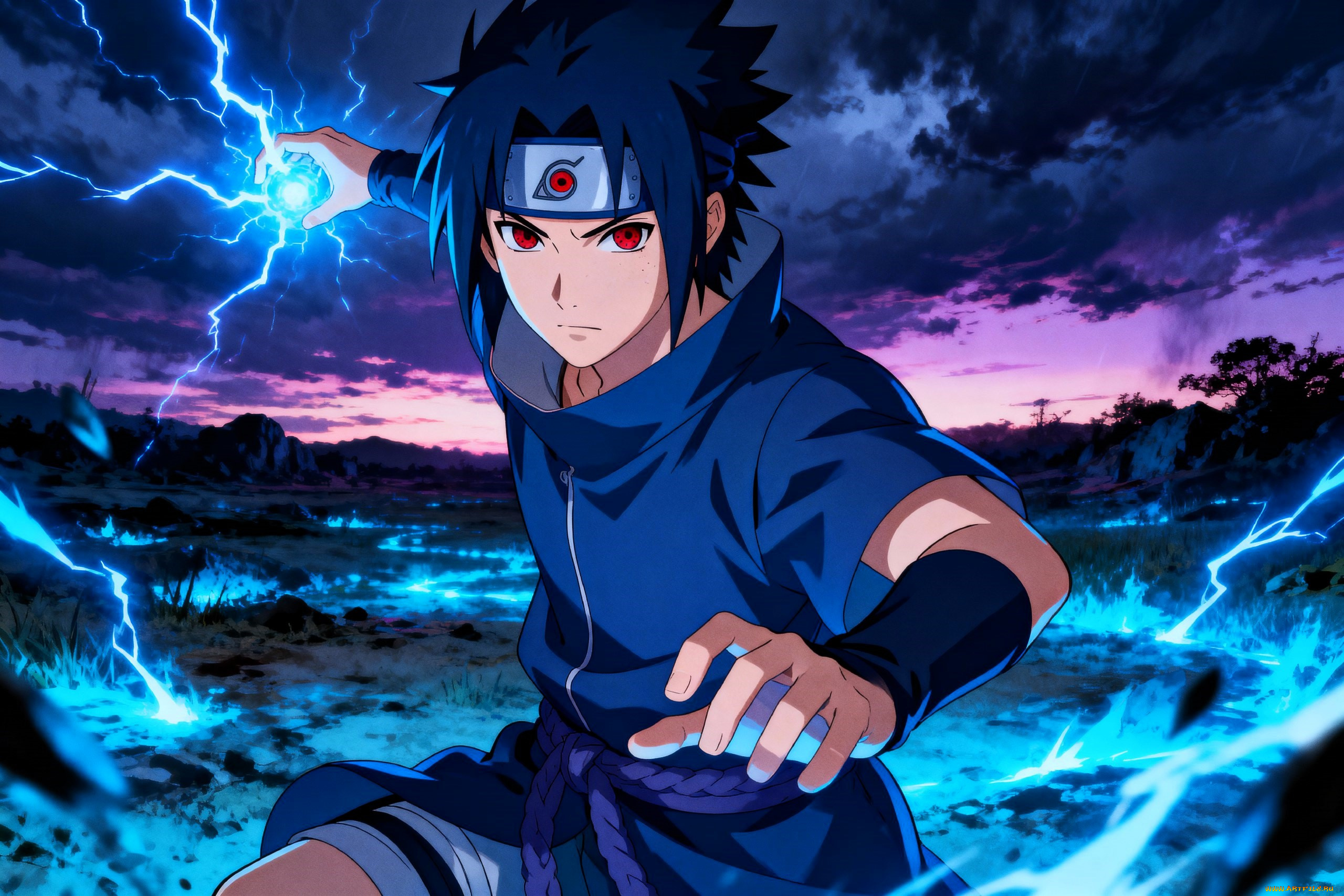 аниме, naruto, учиха, саске, магия, чидори, долина, закат